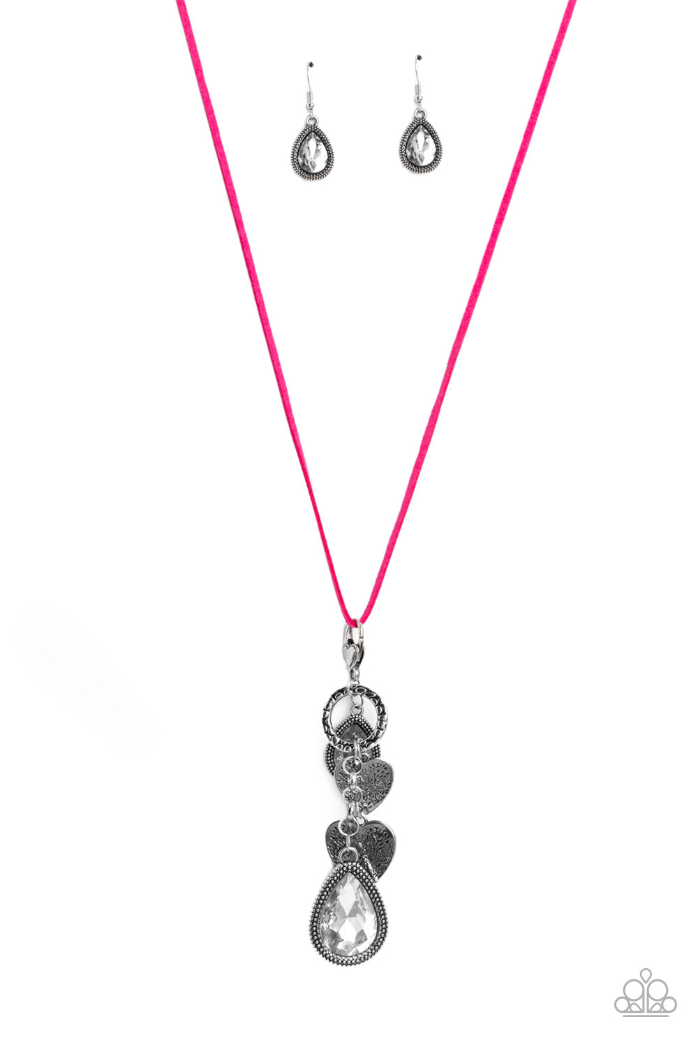 Casanova Clique - Pink Suede & White Teardrop Gem Silver Heart Charm Necklace Paparazzi N1945