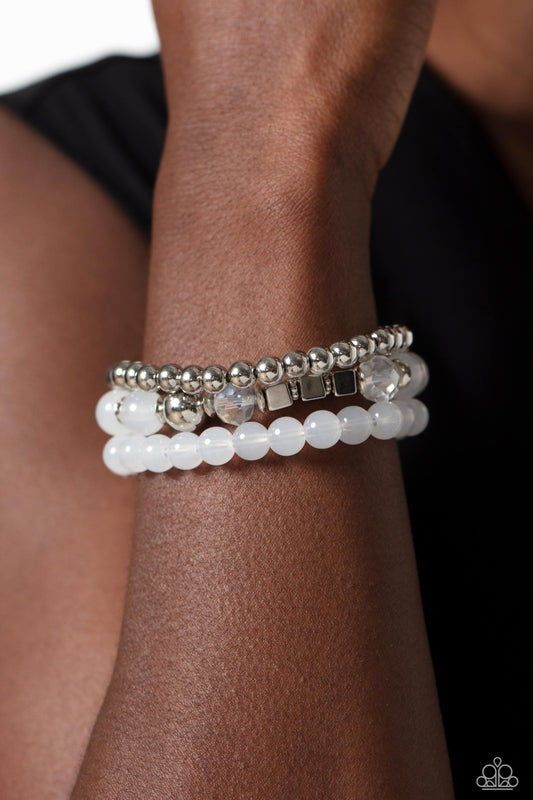 CUBE Your Enthusiasm - White & Silver Stretch Bracelets Paparazzi B1094