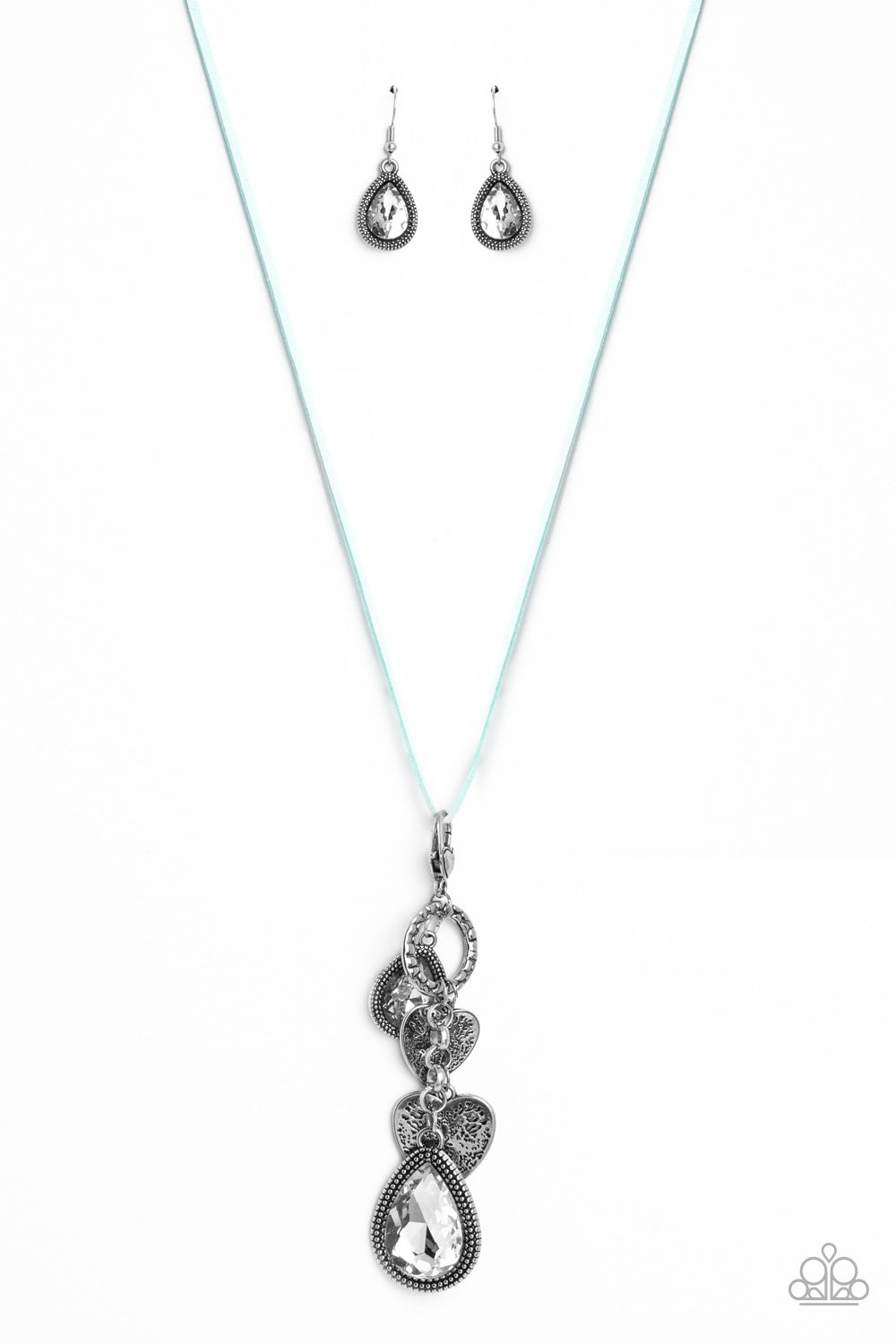 Casanova Clique - Blue Suede Cord Silver Heart & White Teardrop Gem Necklace Paparazzi N1587