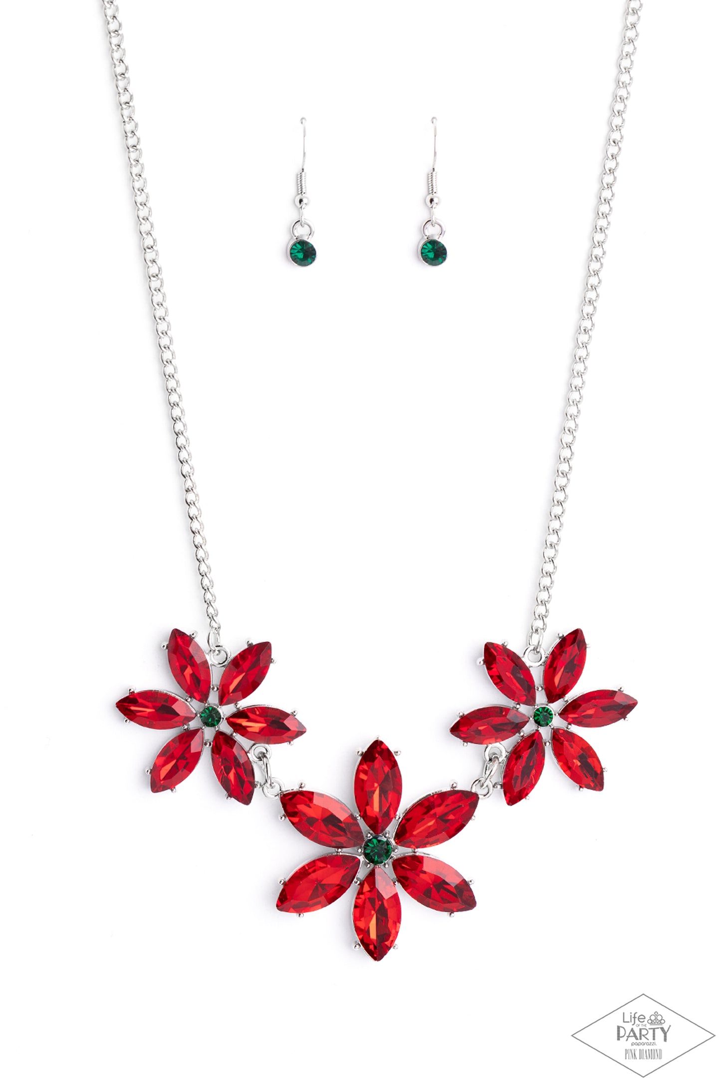 Meadow Muse - Multi Red Marquise Emerald Green Center Rhinestone Flower Necklace Life Of The Party Pink Diamond Encore Paparazzi N1802