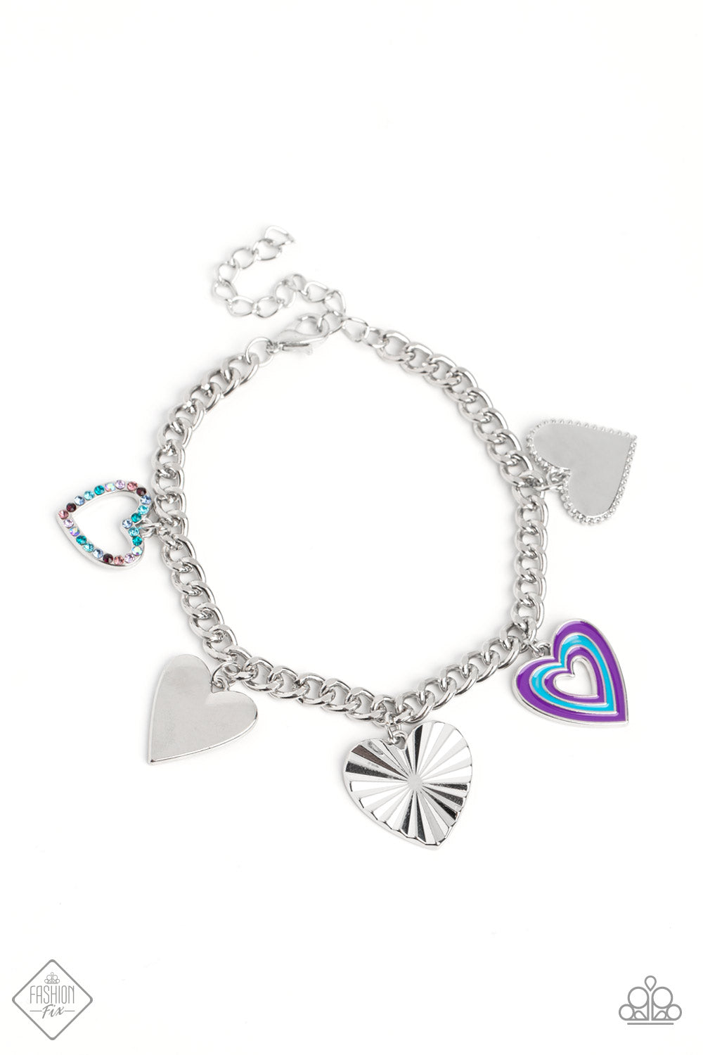 Funky Forte - Multi Blue, Purple Whimsical Heart Charm Bracelet Fashion Fix December 2022 Paparazzi B0877