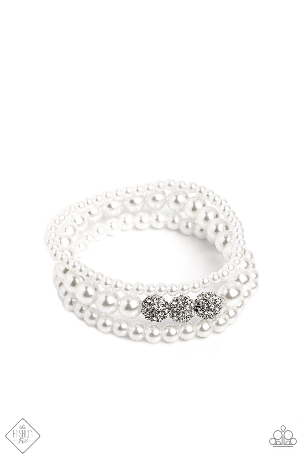 Showy Soprano - White Pearl & Rhinestone Stretch Bracelet Fashion Fix December 2022 Paparazzi B0874