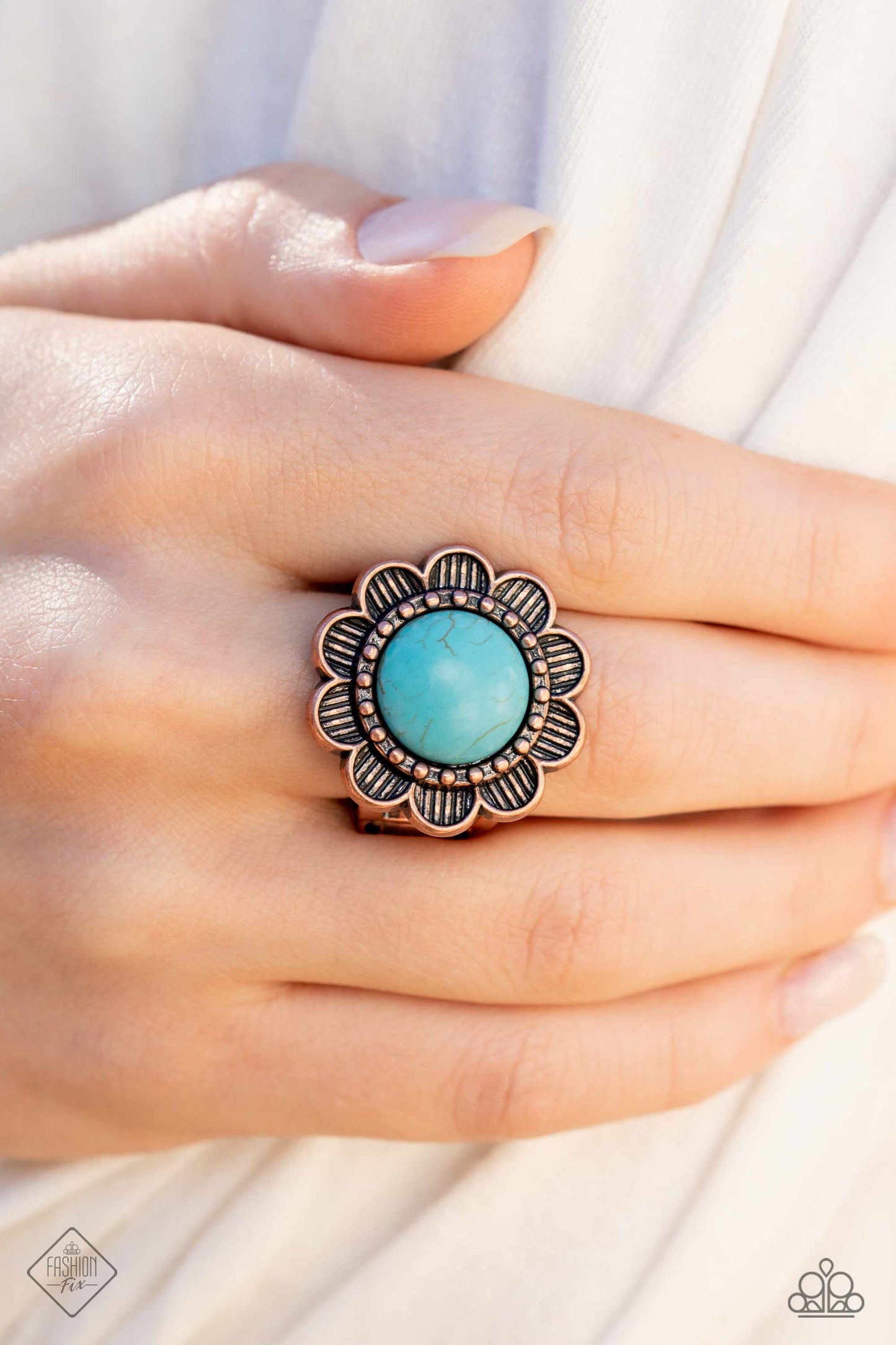 Backwoods Band - Copper & Blue Turquoise Flower Stone Ring Santa Fe Style Fashion Fix February 2023 Paparazzi R0417