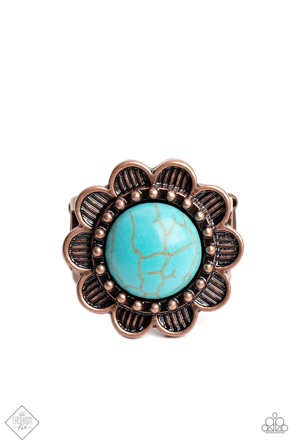 Backwoods Band - Copper & Blue Turquoise Flower Stone Ring Santa Fe Style Fashion Fix February 2023 Paparazzi R0417