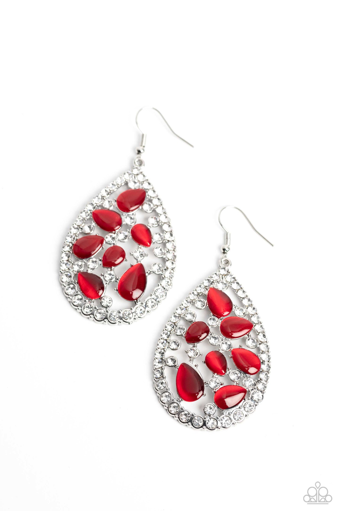 Cats Eye Class - Red Cat's Eye Stone & White Gem Earring Paparazzi E1660