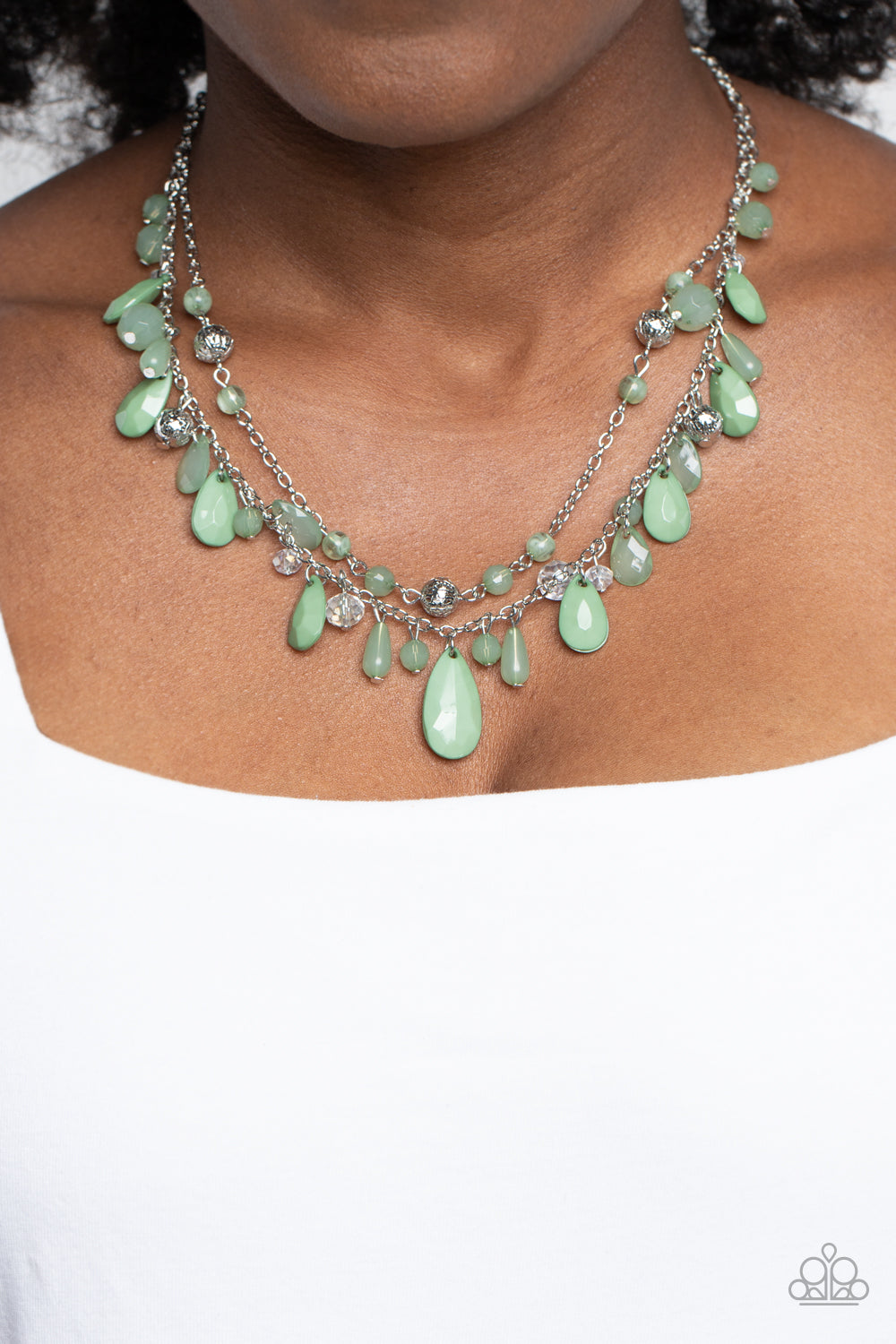 Flirty Flood - Green Loden Frost Teardrop Double Strand Necklace Paparazzi N1792