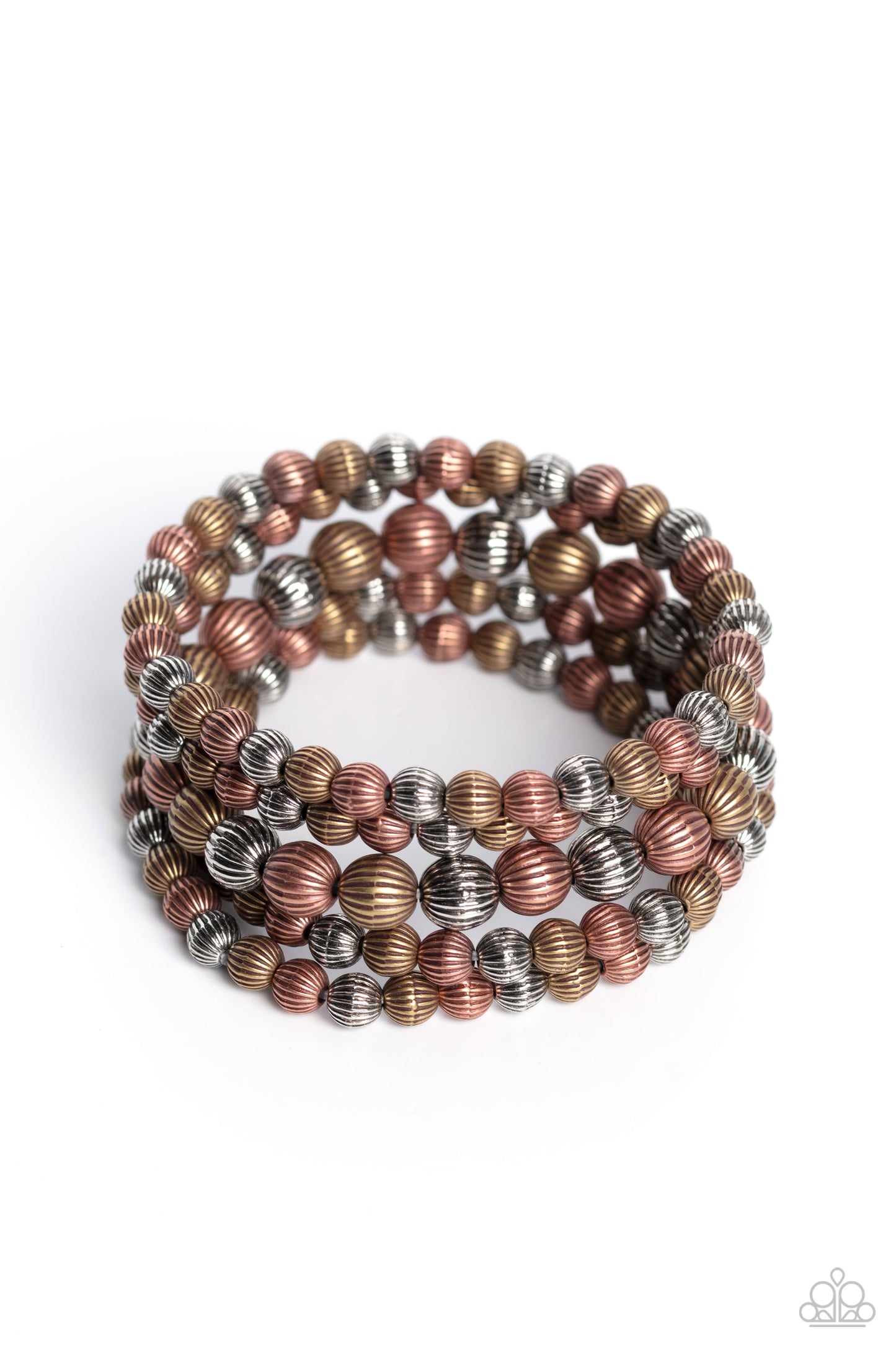 Sonoran Stripes - Multi Silver, Brass and Copper Linear Pattern Bead Stretch Bracelet Set Paparazzi B1367