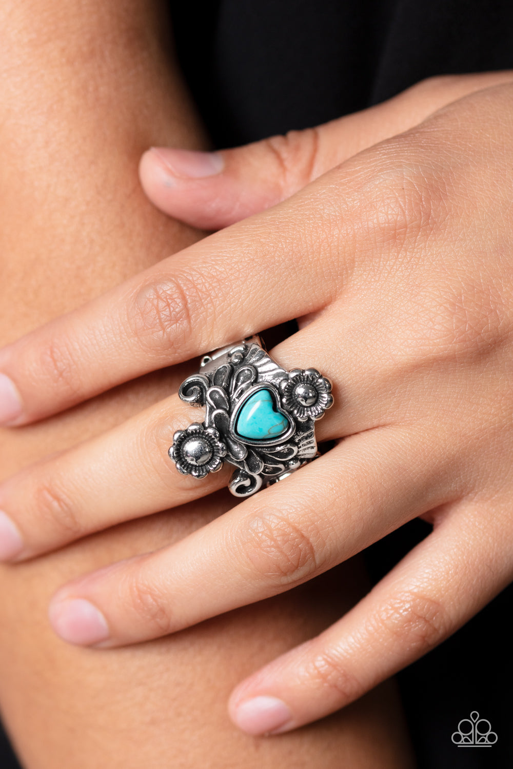 Trailblazing Tribute - Blue Turquoise Heart Santa Fe Style Ring Paparazzi R0452