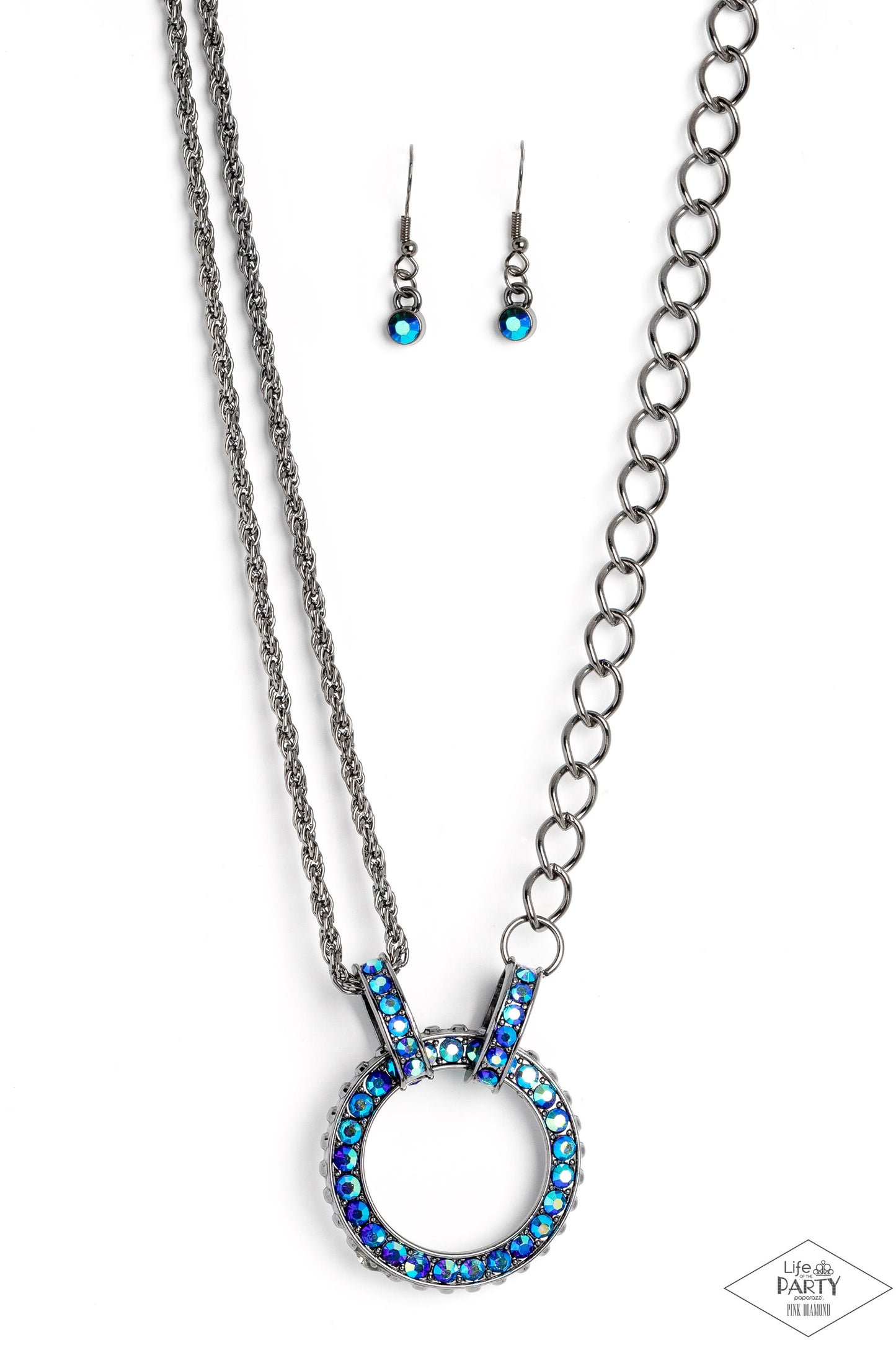 Razzle Dazzle - Blue UV Rhinestone Gunmetal Life Of The Party Pink Diamond Encore Necklace Paparazzi N1803