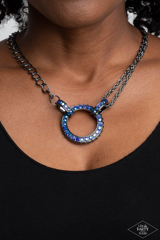 Razzle Dazzle - Blue UV Rhinestone Gunmetal Life Of The Party Pink Diamond Encore Necklace Paparazzi N1803