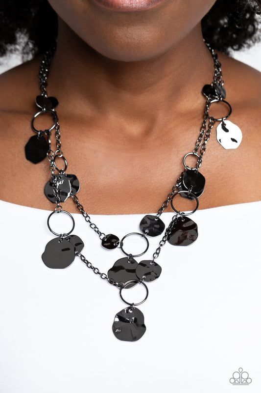 Hammered Horizons - Black Gunmetal Disc Layered Necklace Paparazzi N1651