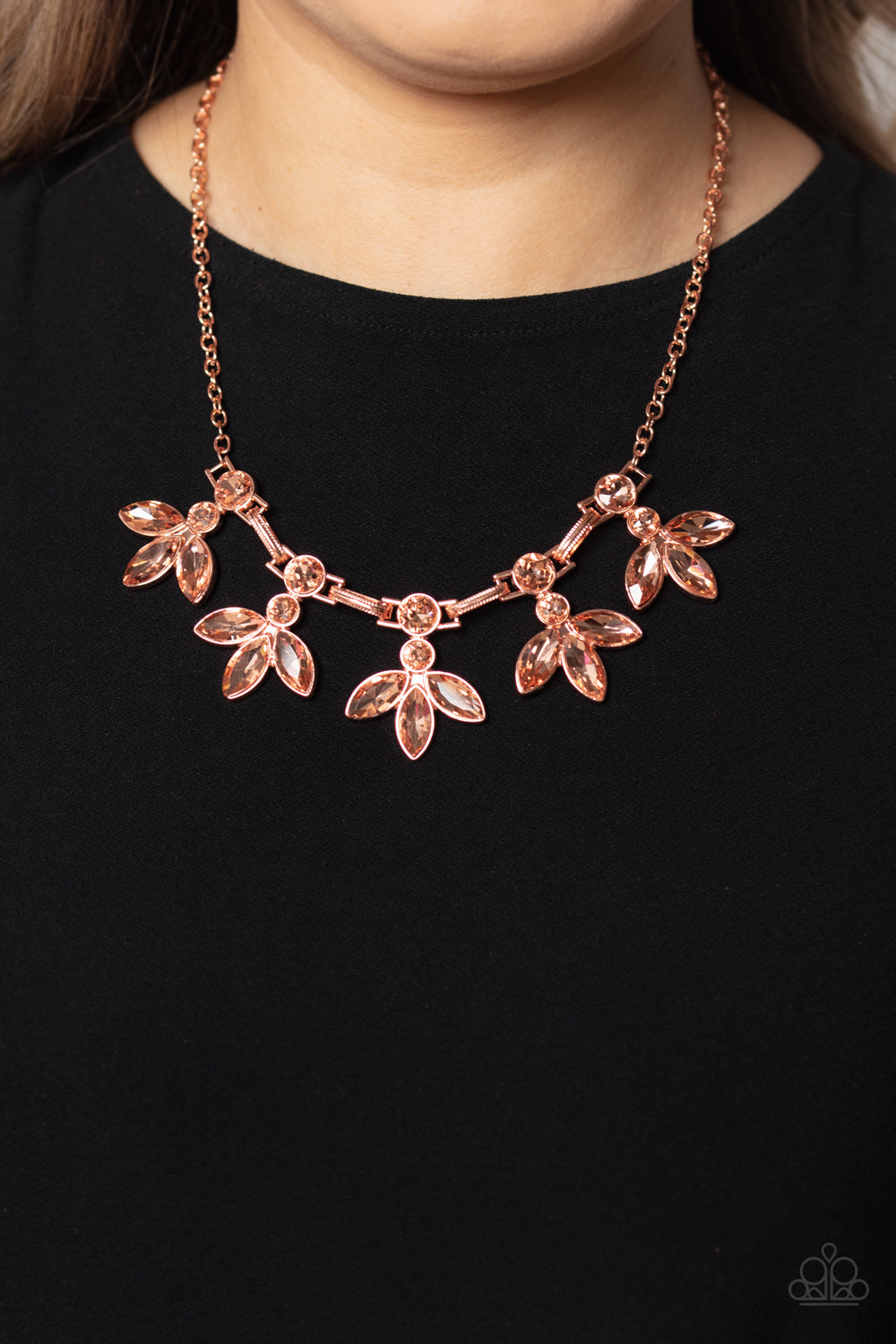 Dauntlessly Debonair - Shiny Copper Peach Rhinestone Floral Necklace Paparazzi N0127