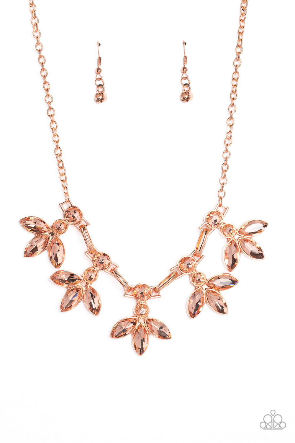 Dauntlessly Debonair - Shiny Copper Peach Rhinestone Floral Necklace Paparazzi N0127