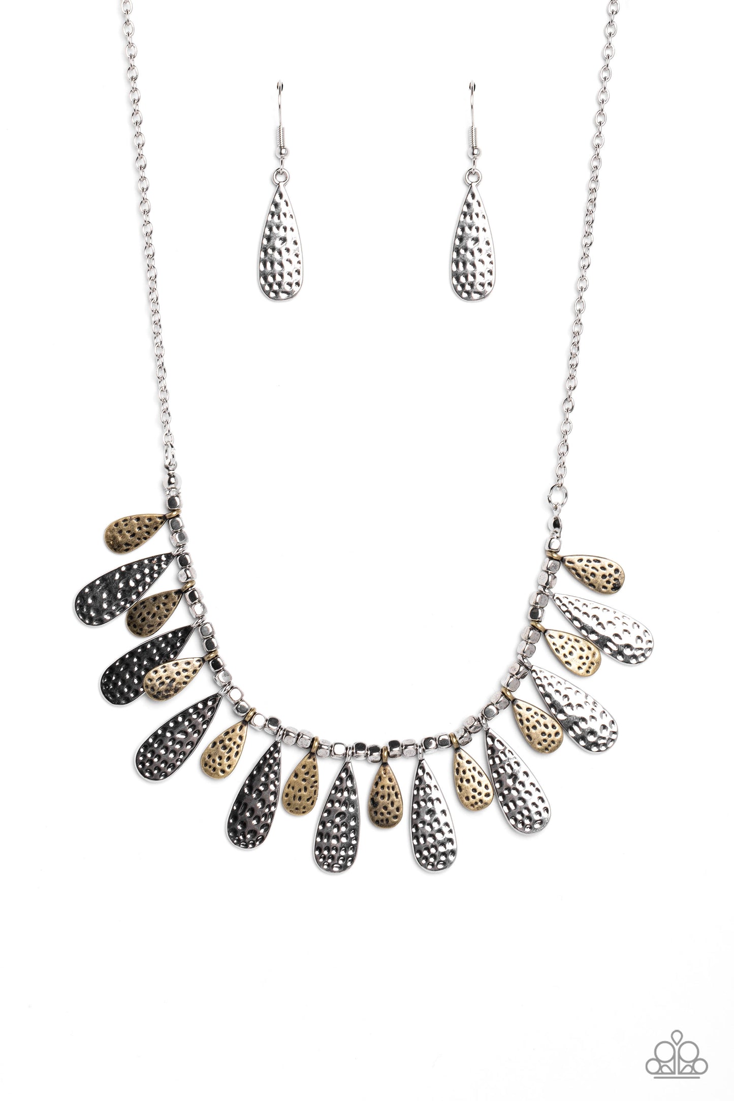 Compelling Confetti - Multi Metal Silver, Brass Hammered Teardrop Necklace Paparazzi N1763