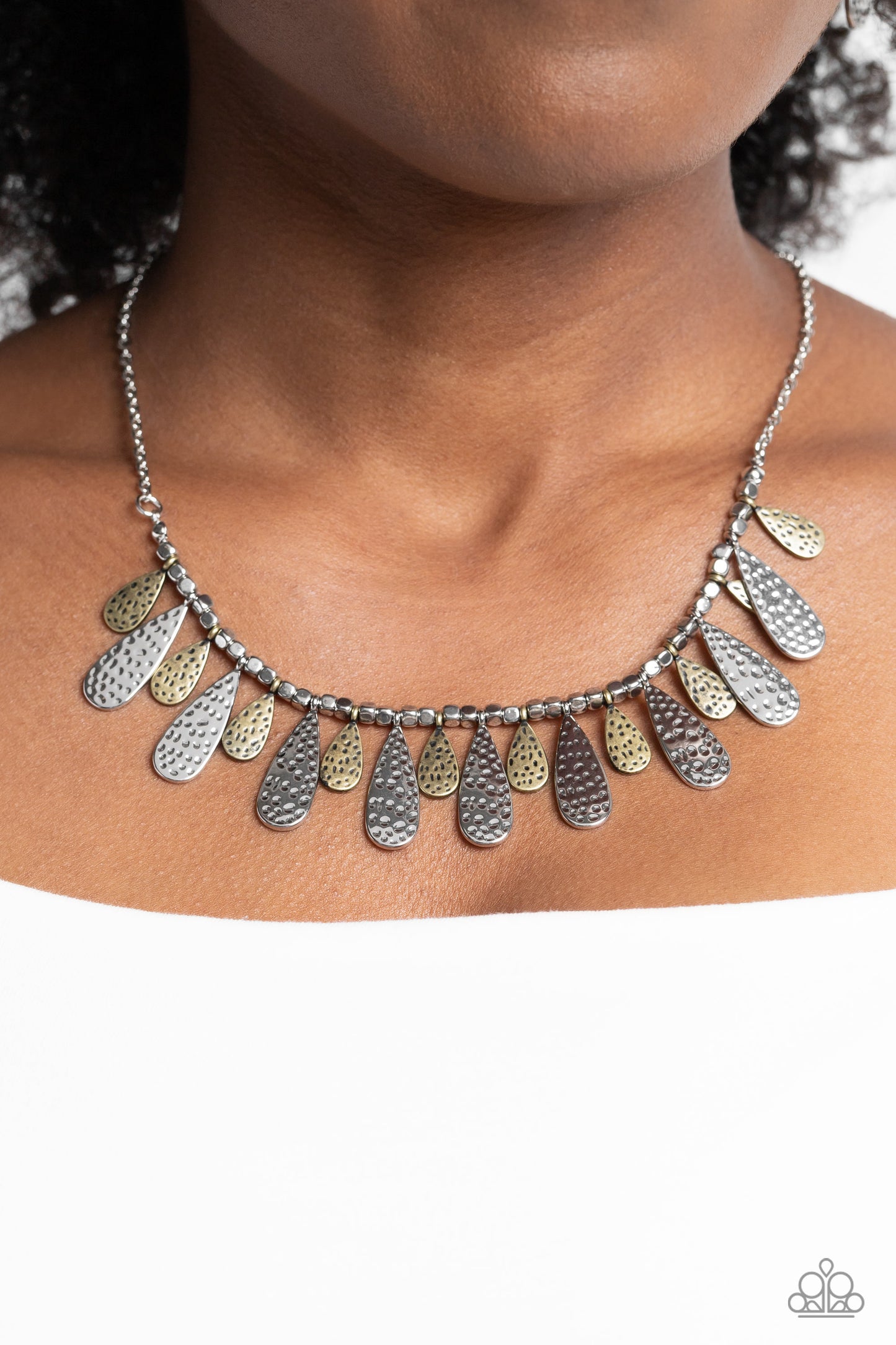 Compelling Confetti - Multi Metal Silver, Brass Hammered Teardrop Necklace Paparazzi N1763