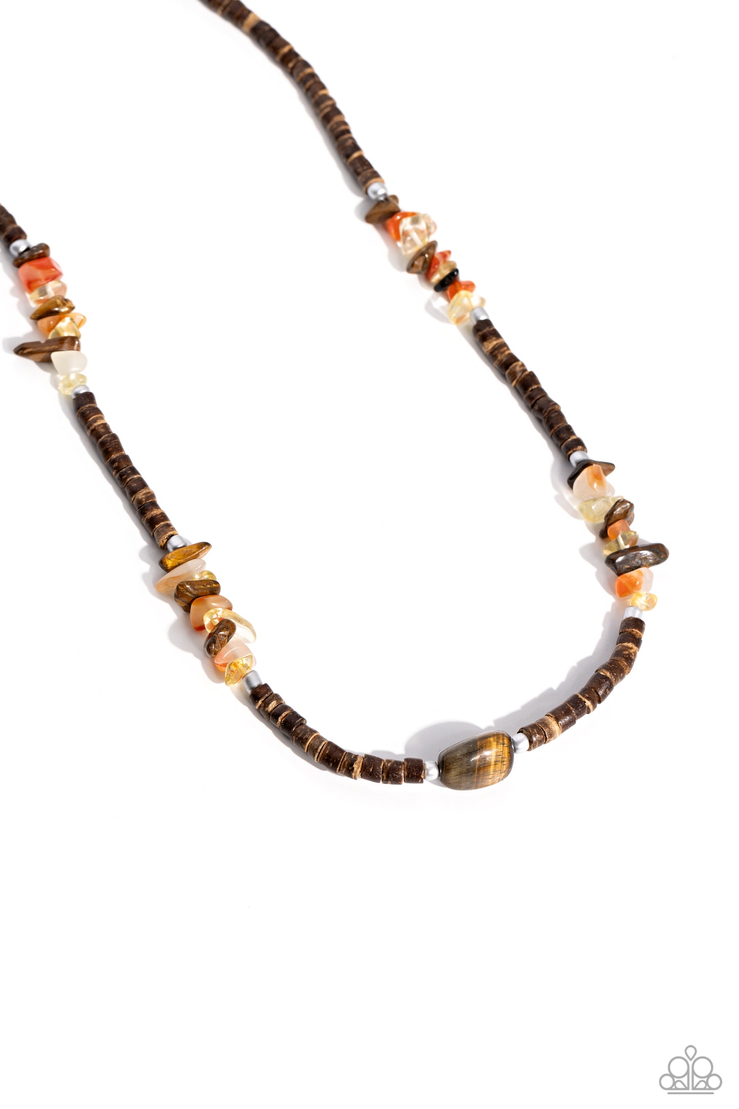 Stony Survivor - Brown Wood Bead, Tiger's Eye, Orange, White, Yellow Stone Urban Necklace Paparazzi N3012