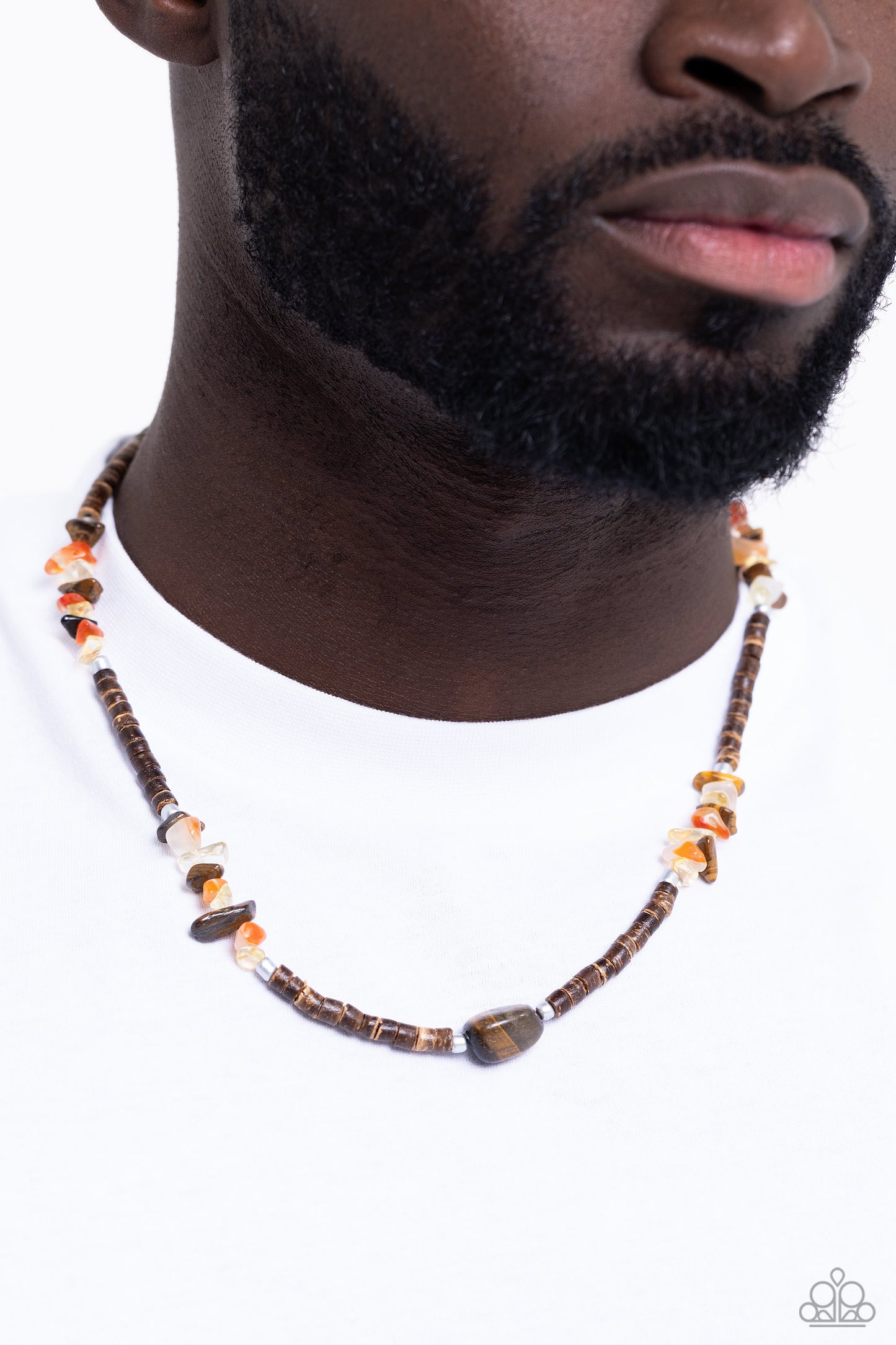 Stony Survivor - Brown Wood Bead, Tiger's Eye, Orange, White, Yellow Stone Urban Necklace Paparazzi N3012