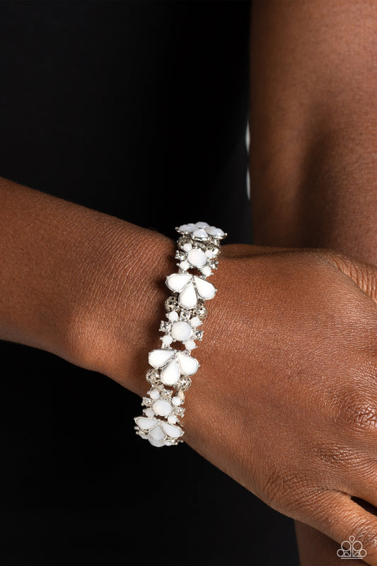 Teasing Torrent - White Opaque Shimmer Floral Stretch Bracelet Paparazzi B1021