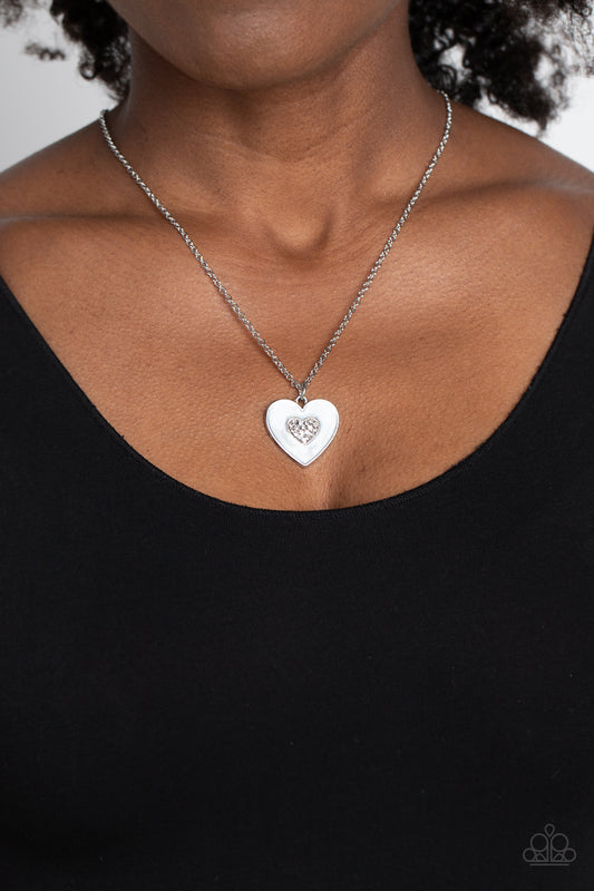 So This Is Love - White Shimmery Lacquer Finish Silver Heart Necklace Paparazzi N1933