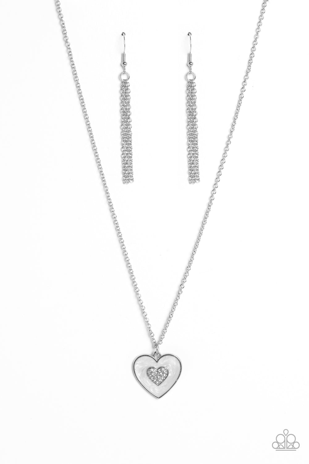 So This Is Love - White Shimmery Lacquer Finish Silver Heart Necklace Paparazzi N1933