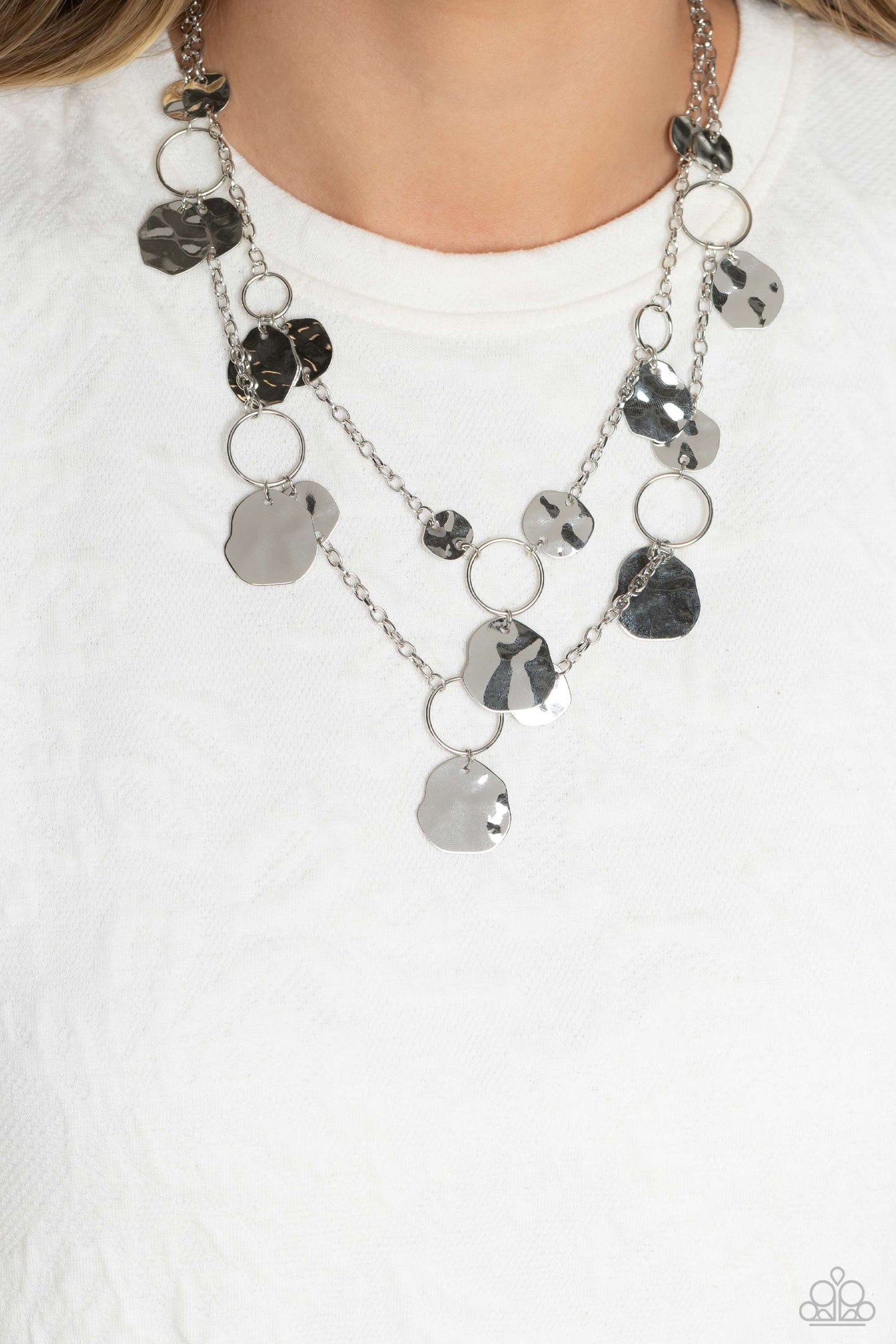 Hammered Horizons - Silver Hammered Disk Multilayered Necklace Paparazzi N1599