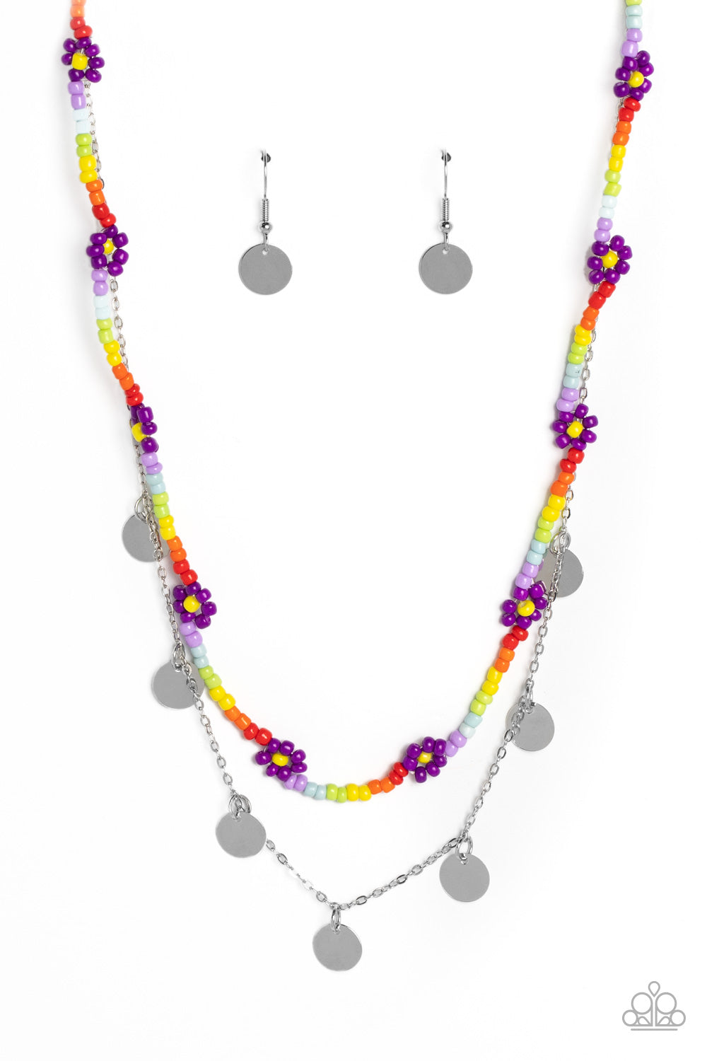 Rainbow Dash - Purple Flower & Multicolored Seed Bead Necklace Paparazzi N1521