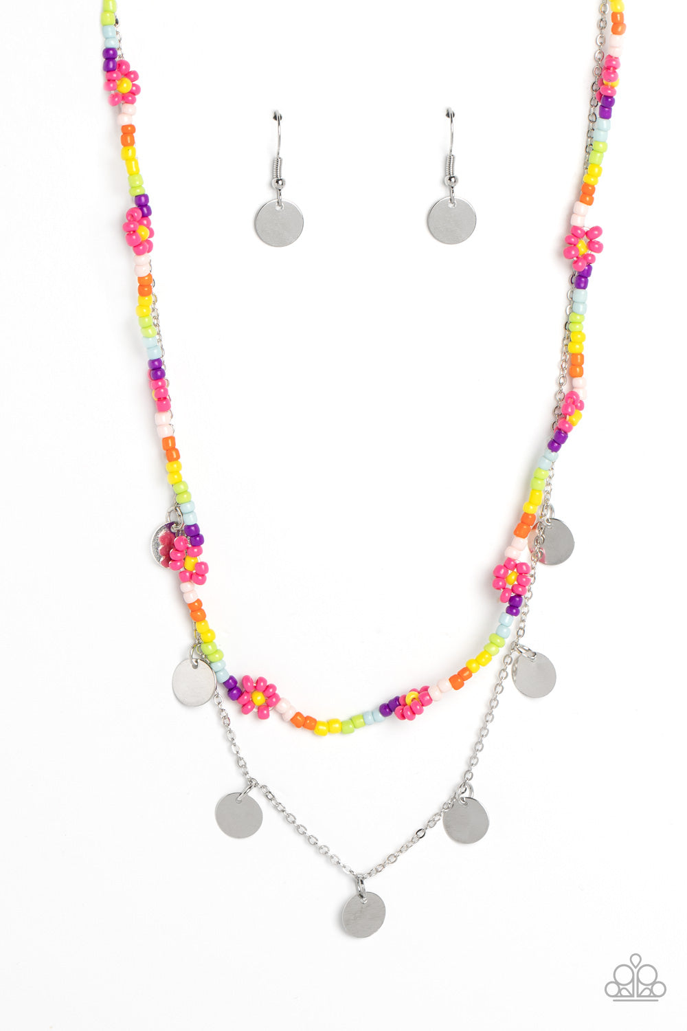 Rainbow Dash - Pink Flower Multicolored Seed Bead Necklace Paparazzi N1579