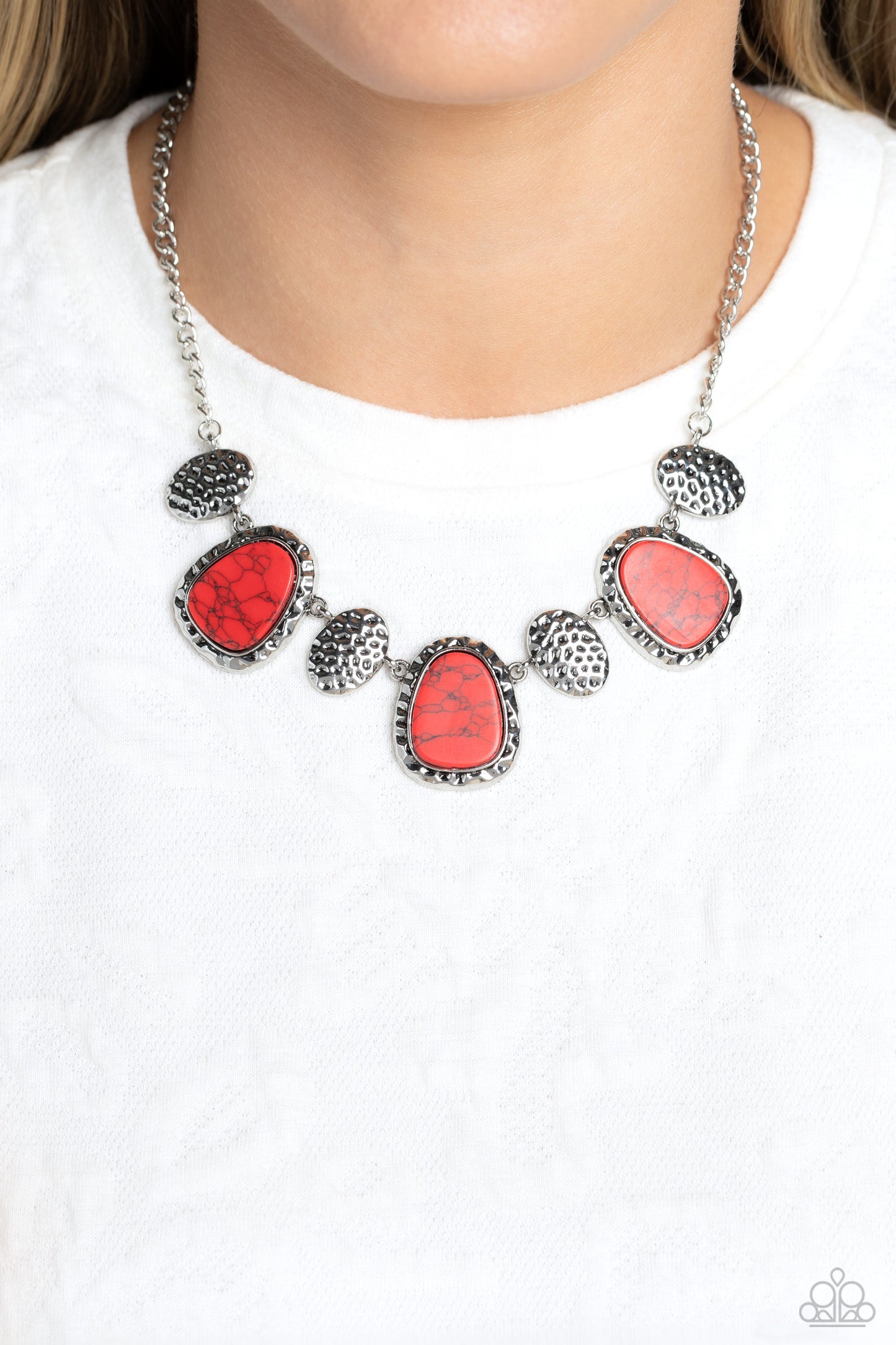 Badlands Border - Red Stone Hammered Silver Santa Fe Style Necklace Paparazzi N1764