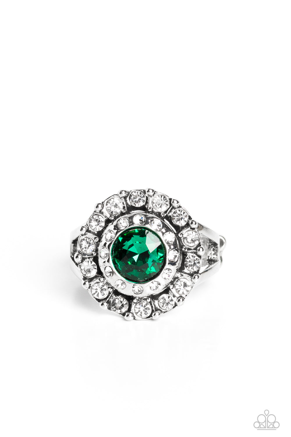 Twinkling Trance - Green Gem White Rhinestone Ring Paparazzi R0221