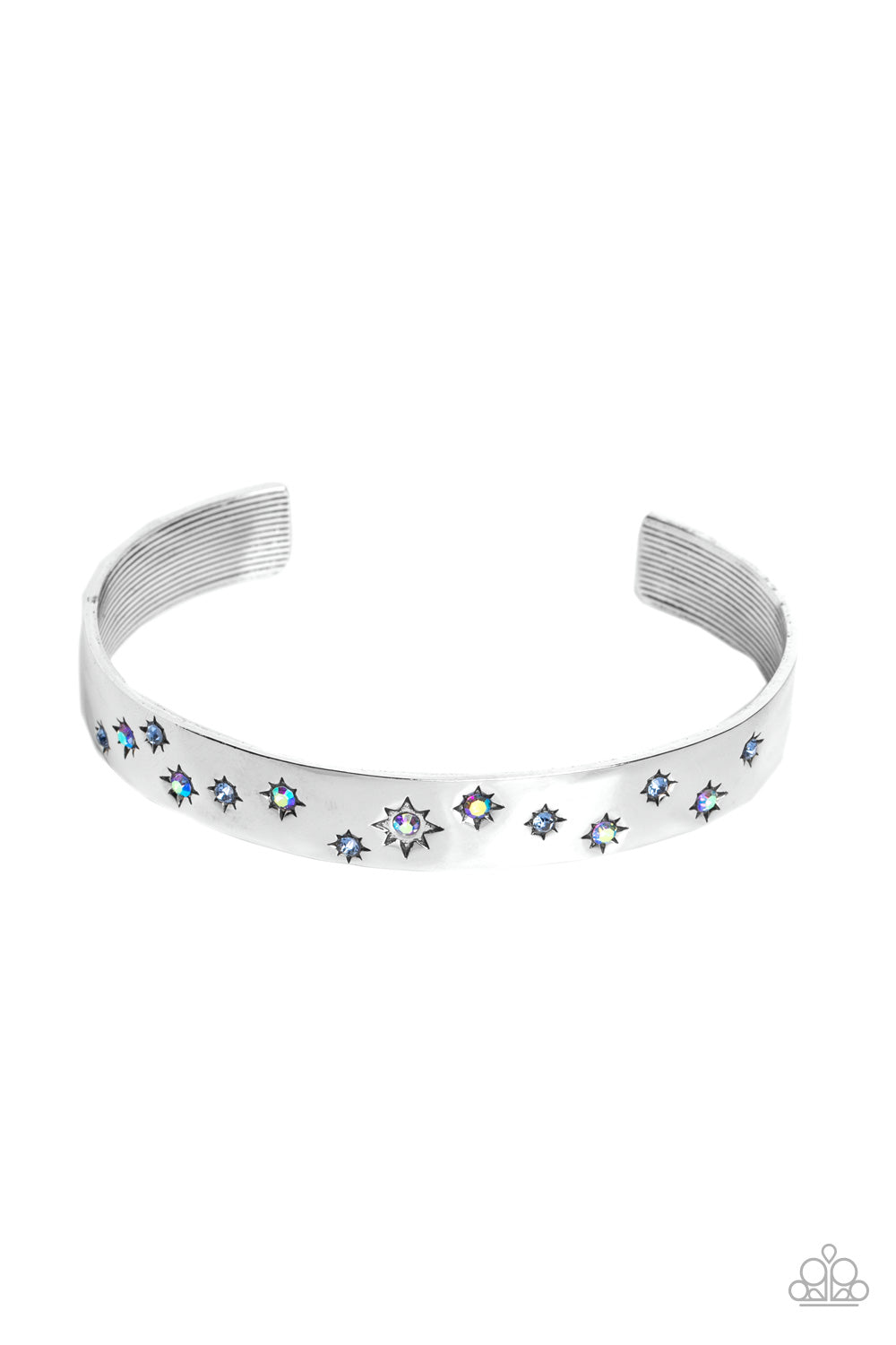 Starburst Shimmer - Blue & Iridescent Rhinestone Silver Cuff Bracelet Paparazzi B1068