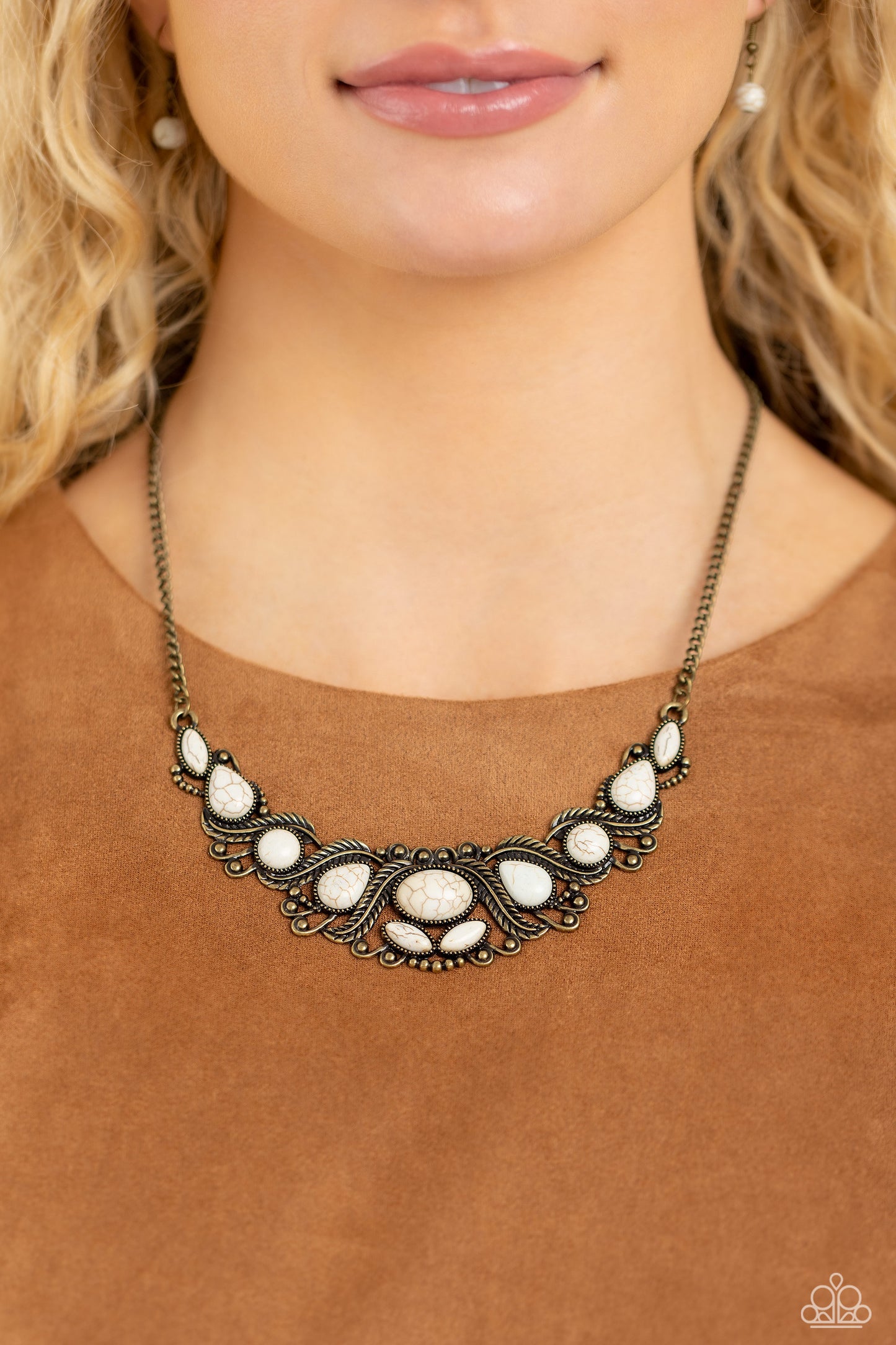 EYE Wish I May... - Brass Feather White Stone Santa Fe Style Necklace Paparazzi N1865