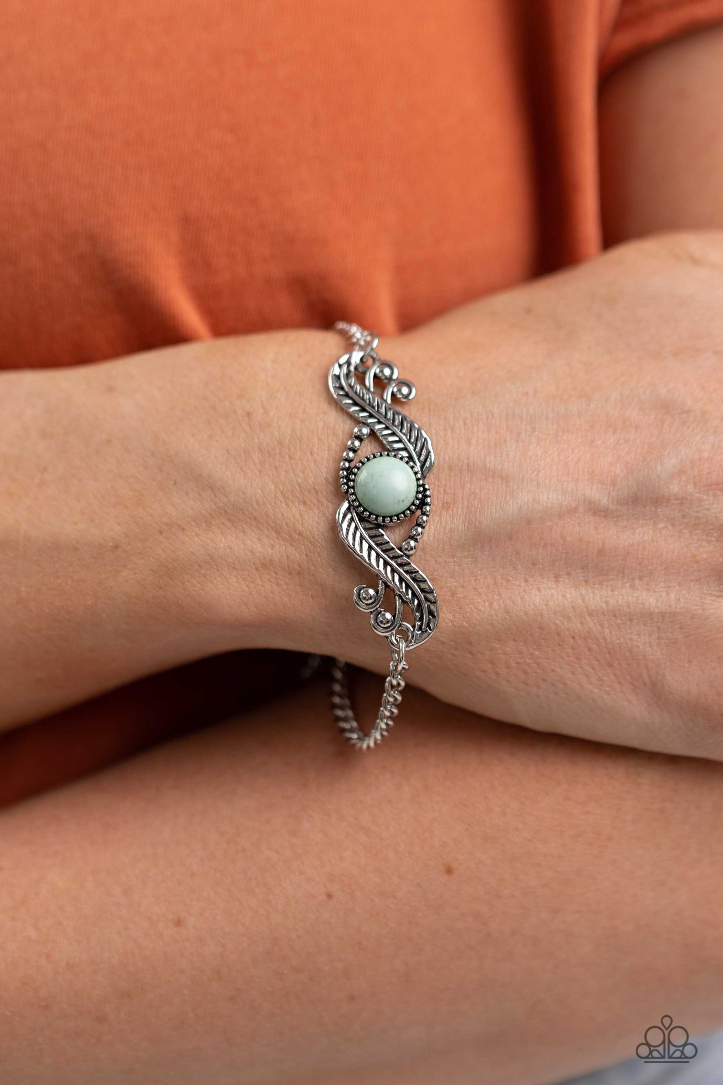 Eye in the Sky - Blue- Light Blue Stone Silver Feather Santa Fe Style Bracelet Paparazzi B1438