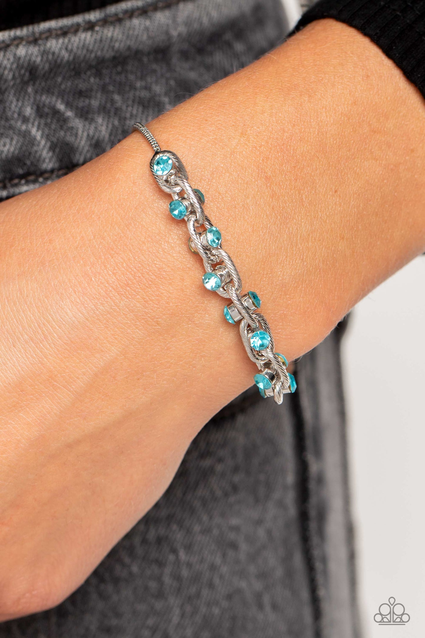 Intertwined Illusion - Blue Aquamarine Rhinestone Silver Snake Chain Bracelet Paparazzi B1270