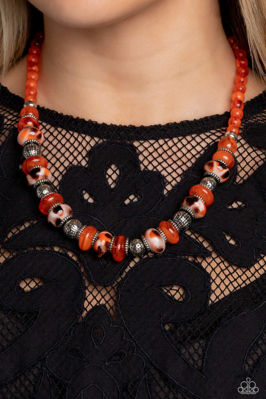 Warped Whimsicality - Orange Ceramic-Like Spotted Bead Necklace Paparazzi N1519