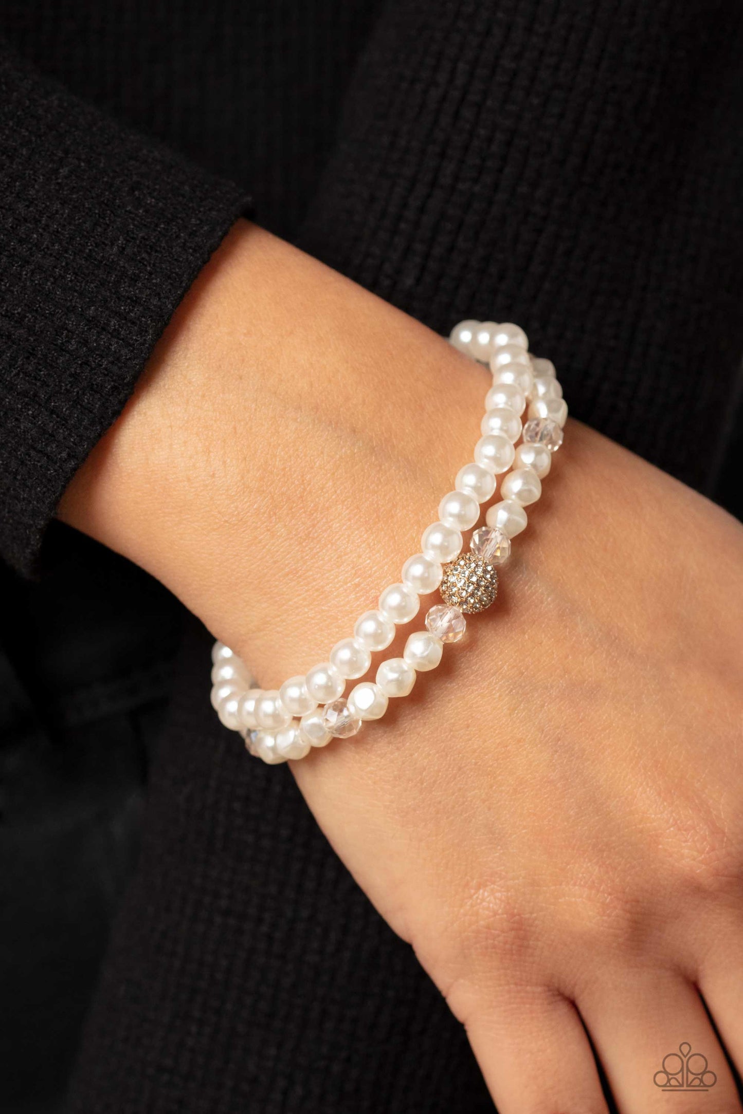 Countess Cutie - Gold Ornament & White Pearl Stretch Bracelets Paparazzi B1360