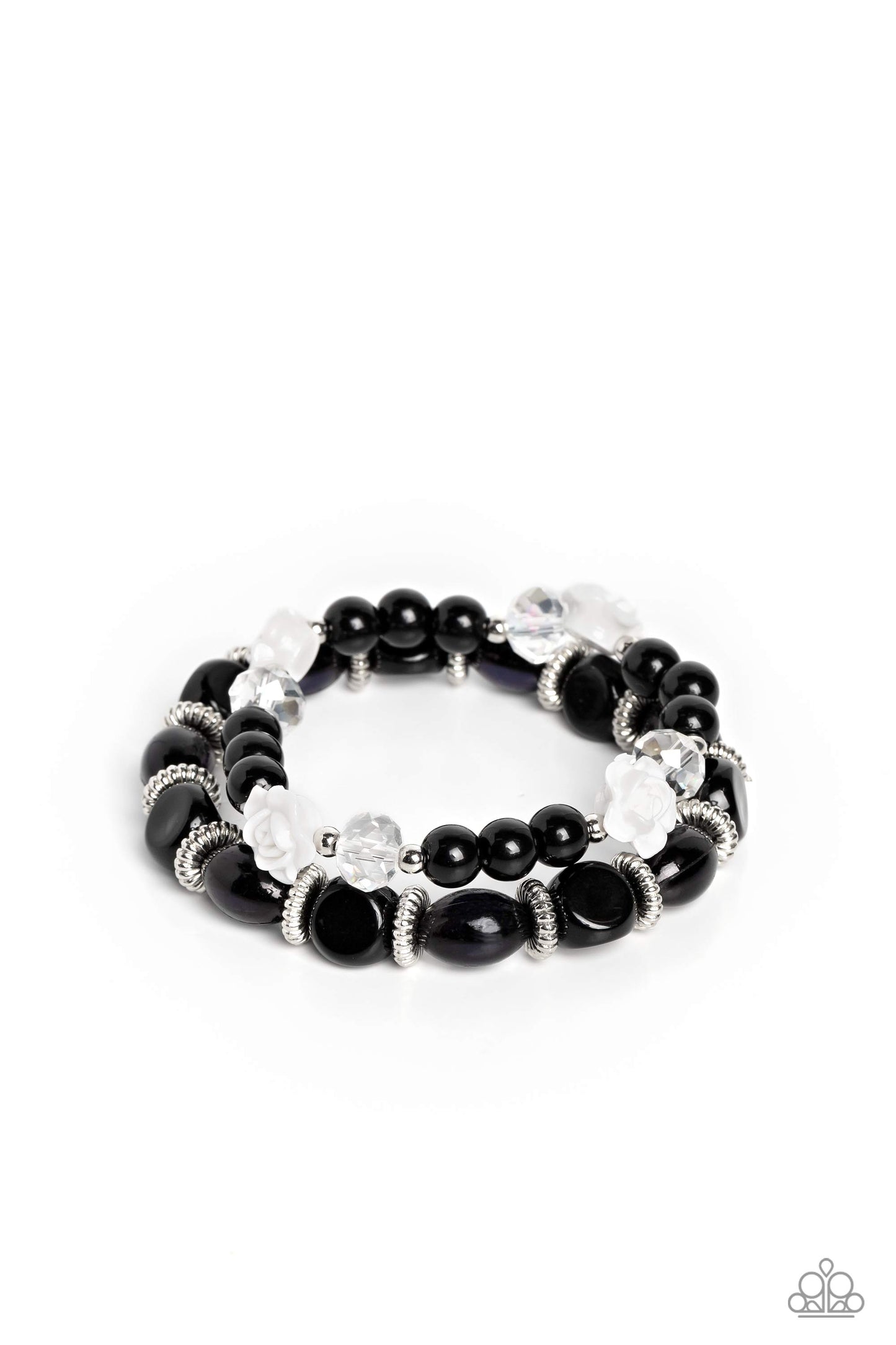 Who ROSE There? - Black, Silver, Clear Bead & White Resin Roses Stretch Bracelet Set Paparazzi B1315