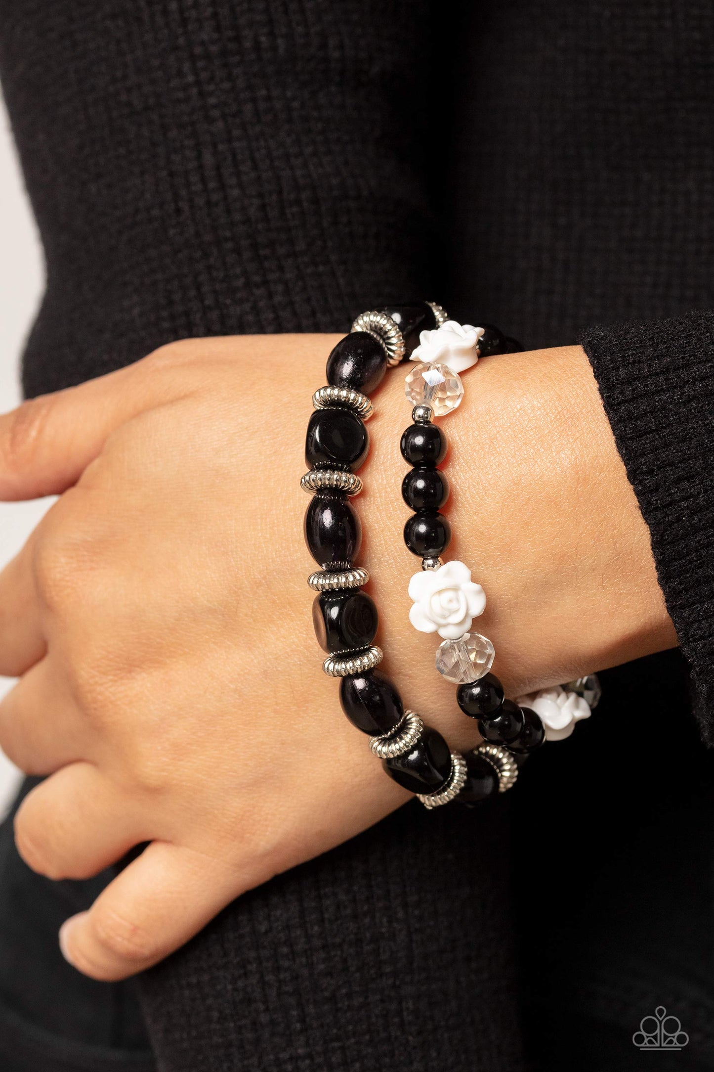 Who ROSE There? - Black, Silver, Clear Bead & White Resin Roses Stretch Bracelet Set Paparazzi B1315