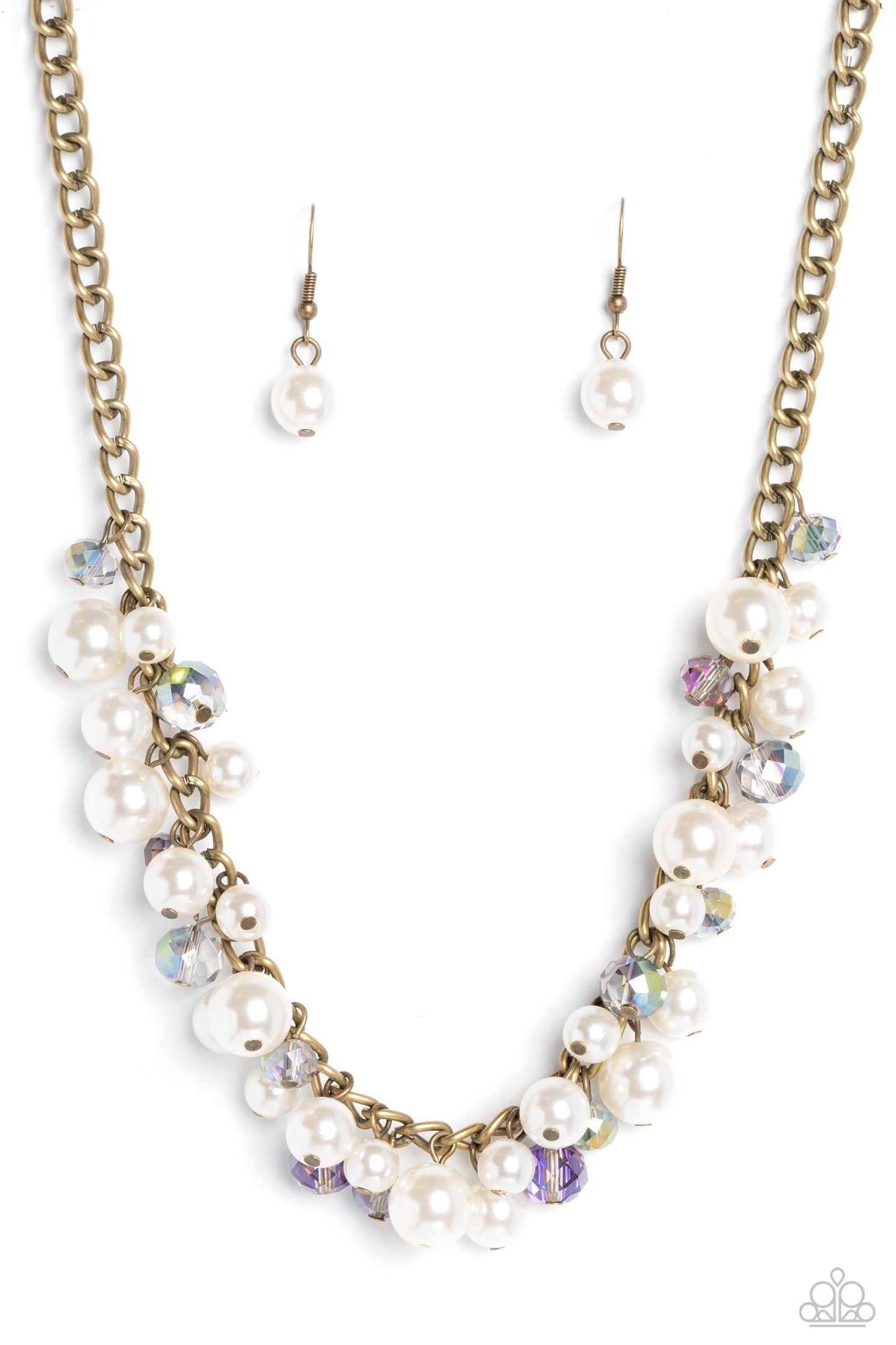 Glinting Goddess - Brass Chain White Pearl & Crystal-Like Bead Necklace Paparazzi N0416