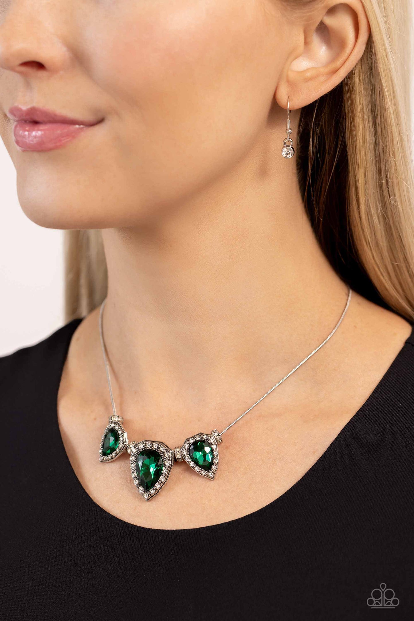 Majestic Met Ball - Green Emerald Teardrop Gem White Rhinestone Necklace Paparazzi N2070