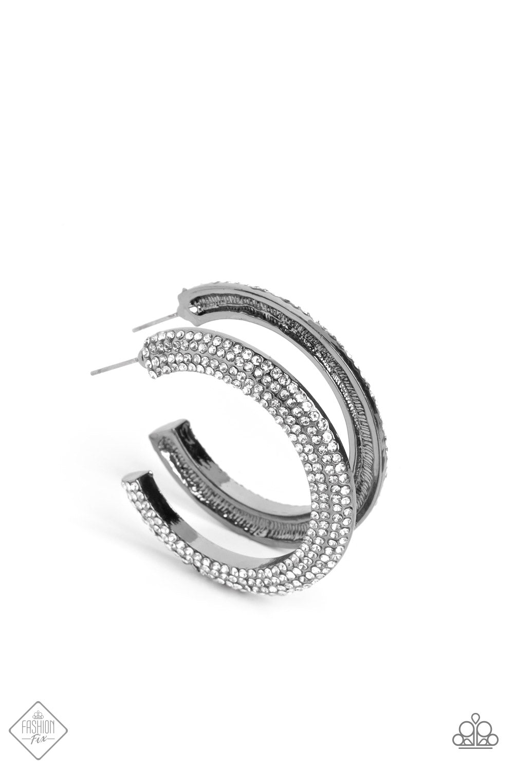 Dazzling Dynamo - Black Gunmetal & White Rhinestone Hoop Earring Fashion Fix 2023 Paparazzi E1218