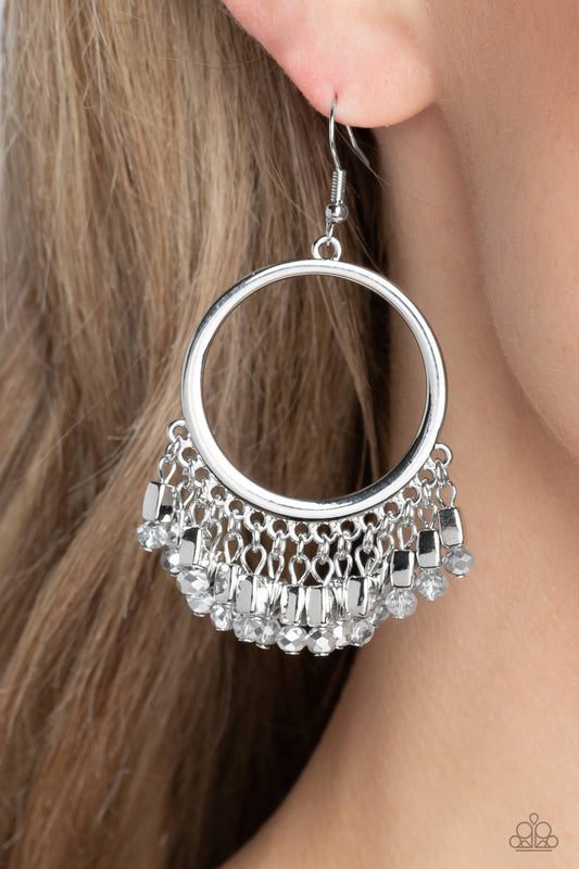 Fringe Fanfare - Silver Beaded Fringe Earring Paparazzi E1570