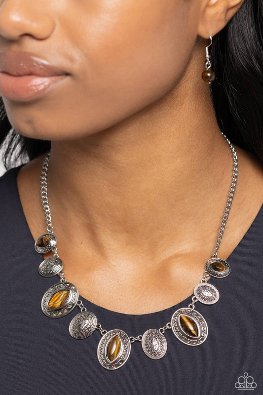 Textured Trailblazer - Brown Tiger's Eye Stone Silver Necklace Paparazzi N2066