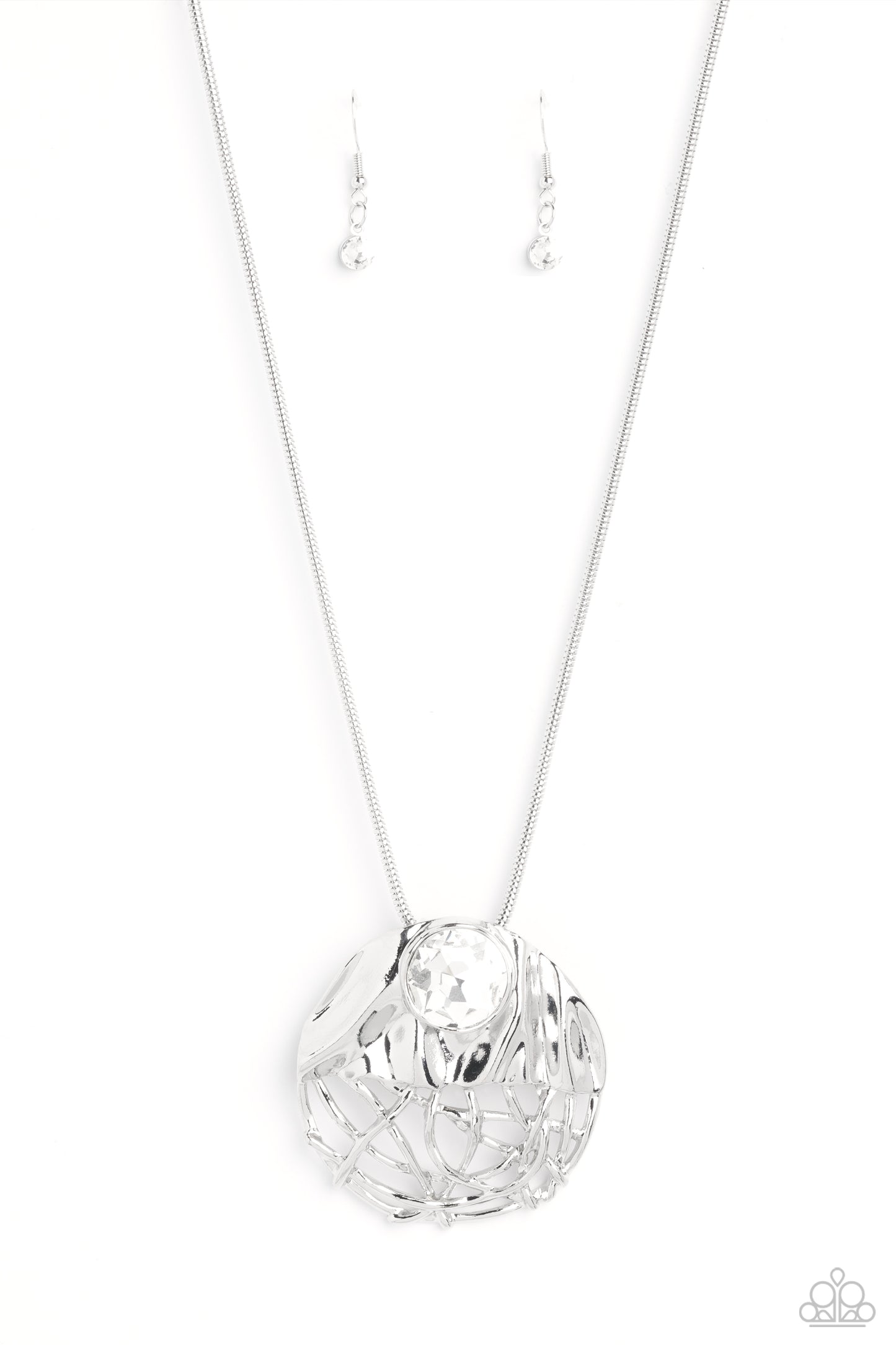 Lush Lattice - White Gem Silver Hammered Pendant Necklace Paparazzi