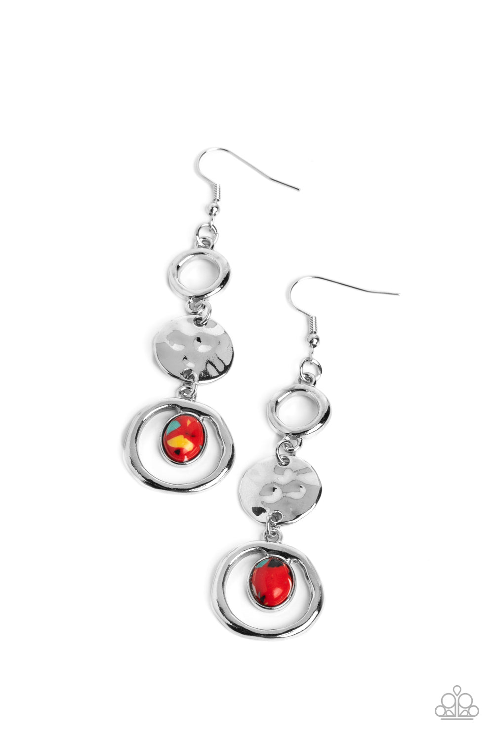 Marble Montage - Red Marbled Stone Silver Earring Paparazzi E1274