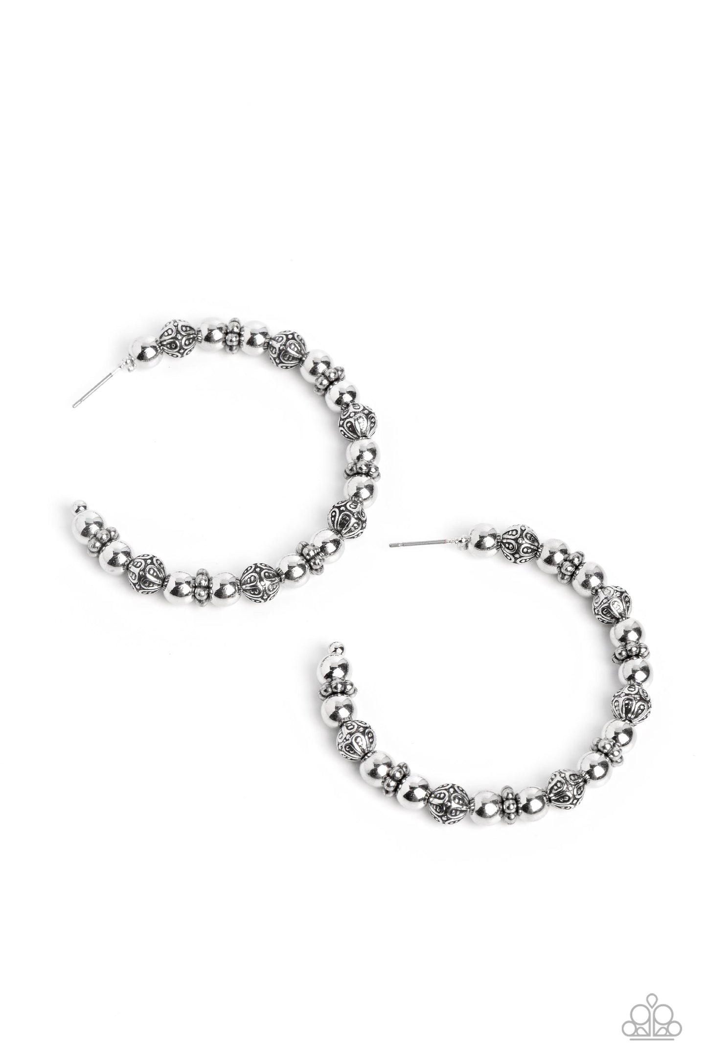 Rebuilt Ruins - Silver Antiqued Bead 2 Inch Hoop Earring Paparazzi E1303