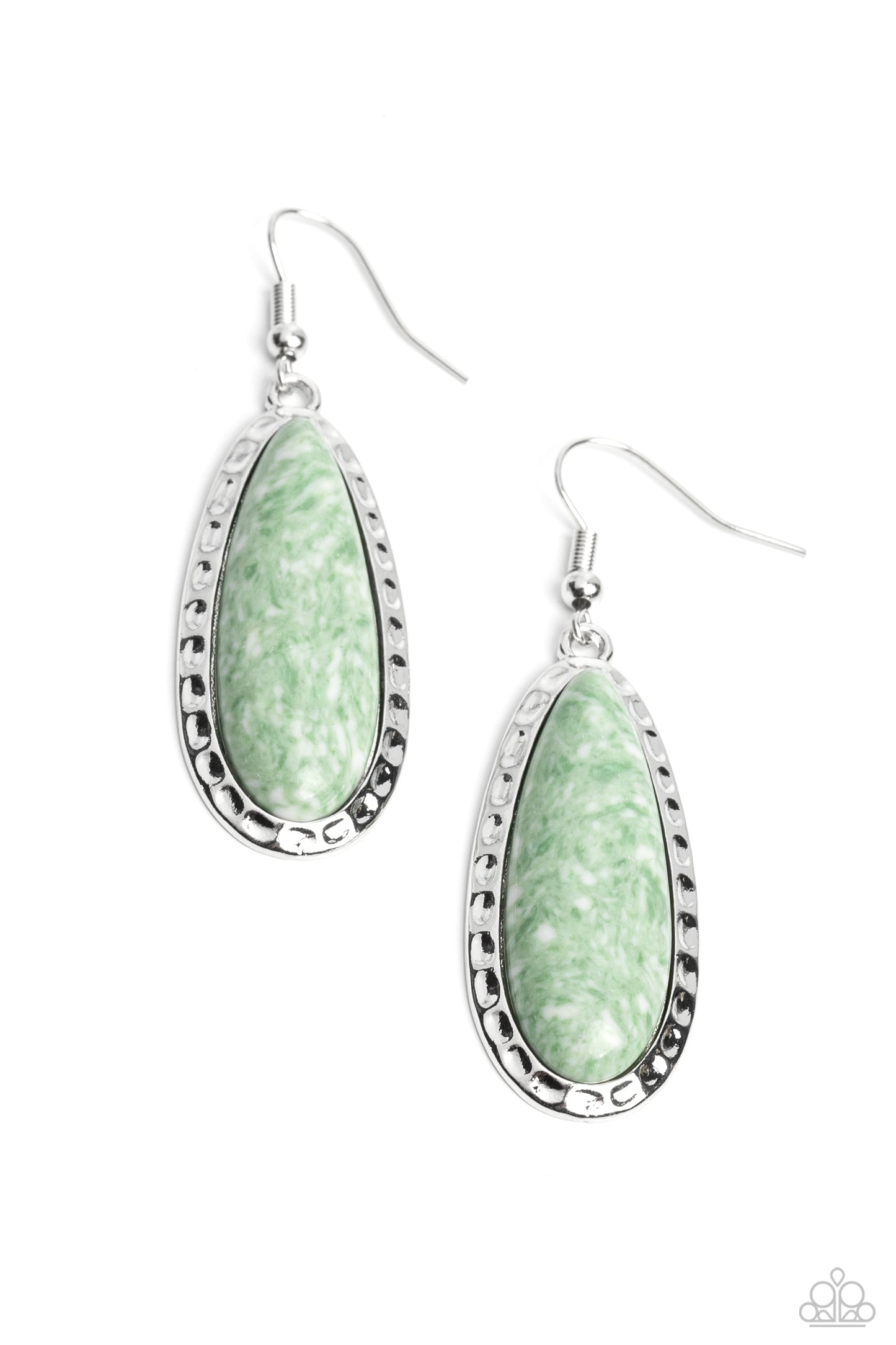 TEARDROP-Dead Dynasty - Green & White Teardrop Stone Silver Earring Paparazzi E1433