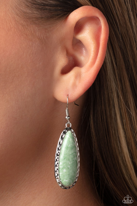 TEARDROP-Dead Dynasty - Green & White Teardrop Stone Silver Earring Paparazzi E1433