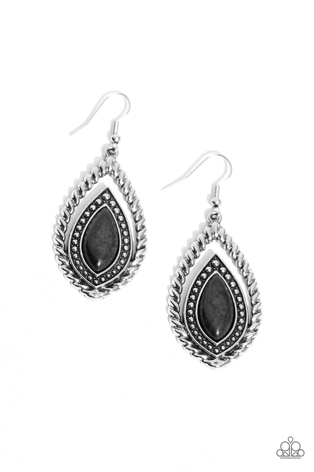 Twisted Trailblazer - Black Teardrop Stone Silver Santa Fe Style Earring Paparazzi E1693