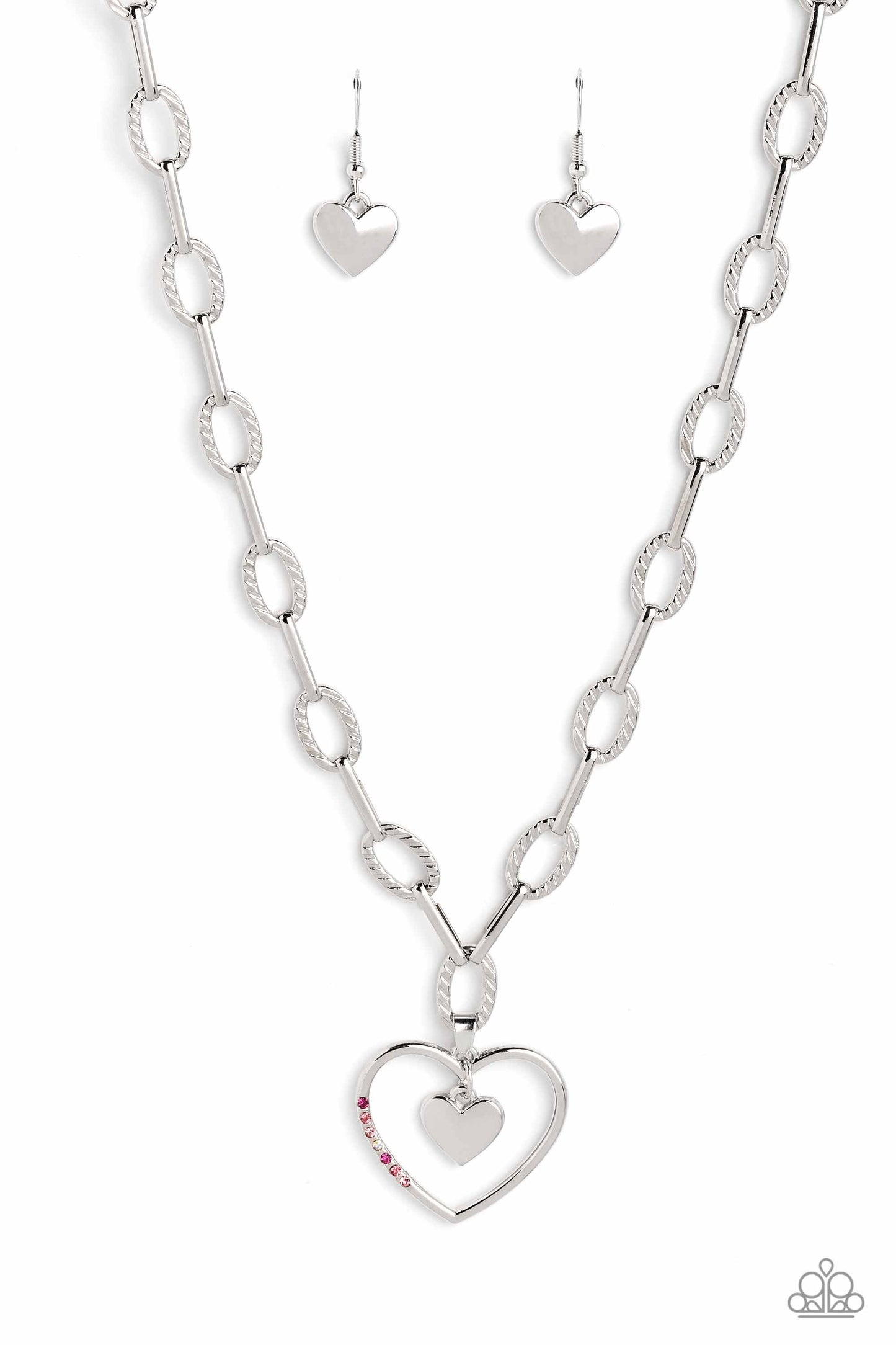 Refulgent Romance - Pink, Fuchsia, Rose, Light Rose & Iridescence Rhinestone & Silver Heart Necklace Paparazzi N1464