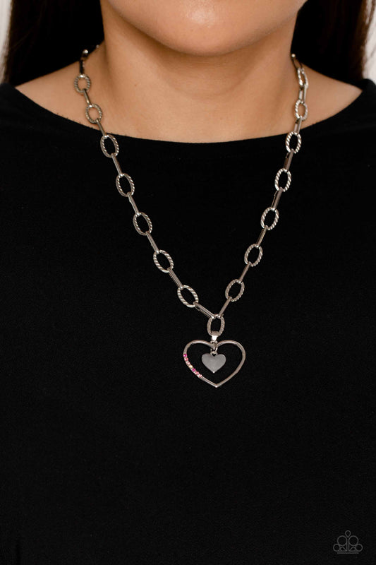 Refulgent Romance - Pink, Fuchsia, Rose, Light Rose & Iridescence Rhinestone & Silver Heart Necklace Paparazzi N1464